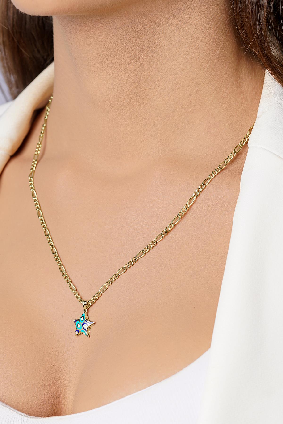 14K Gold Enamel Star on Figaro Link Chain