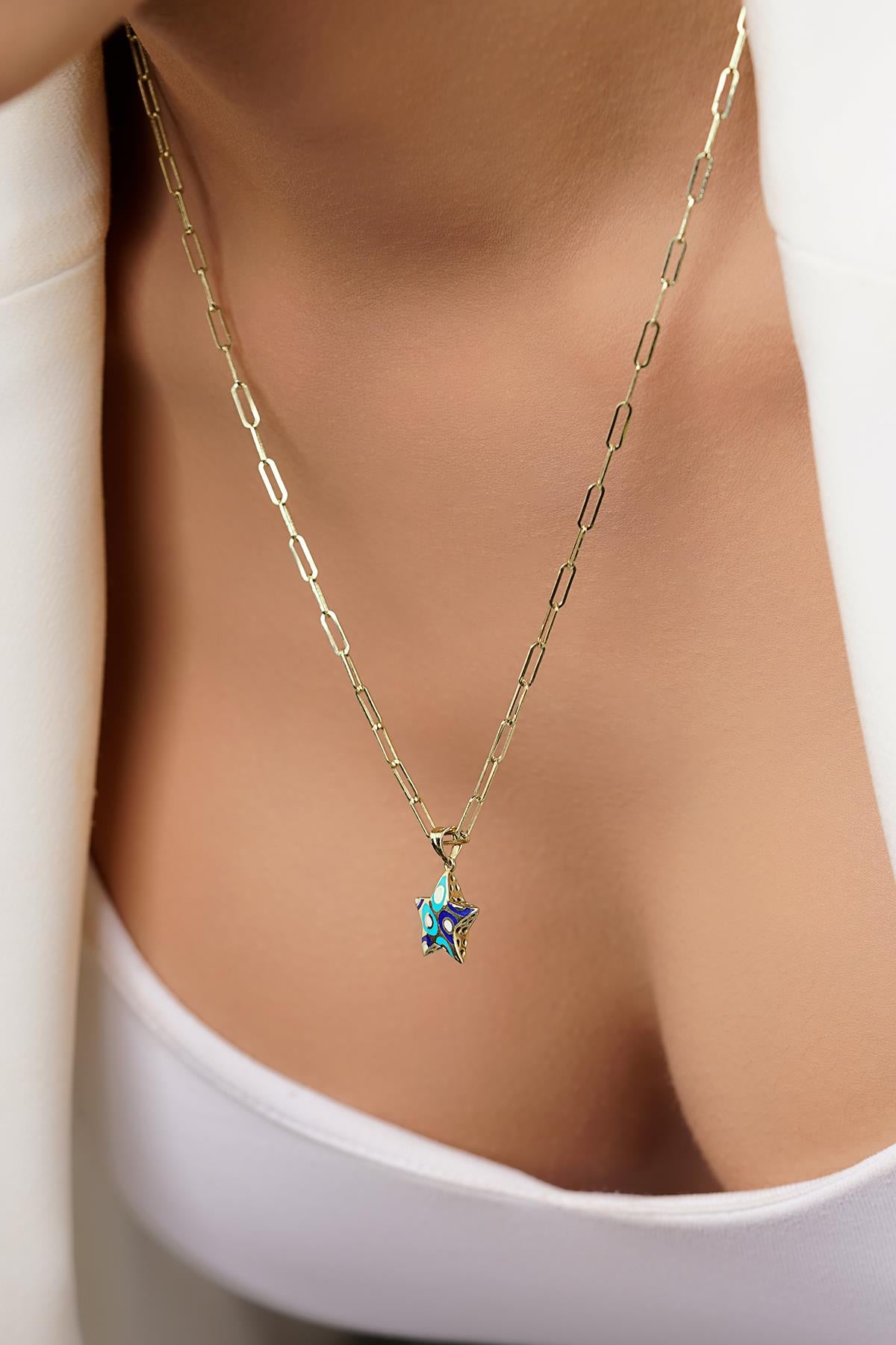 14K Gold Enamel Star on Paperclip Chain