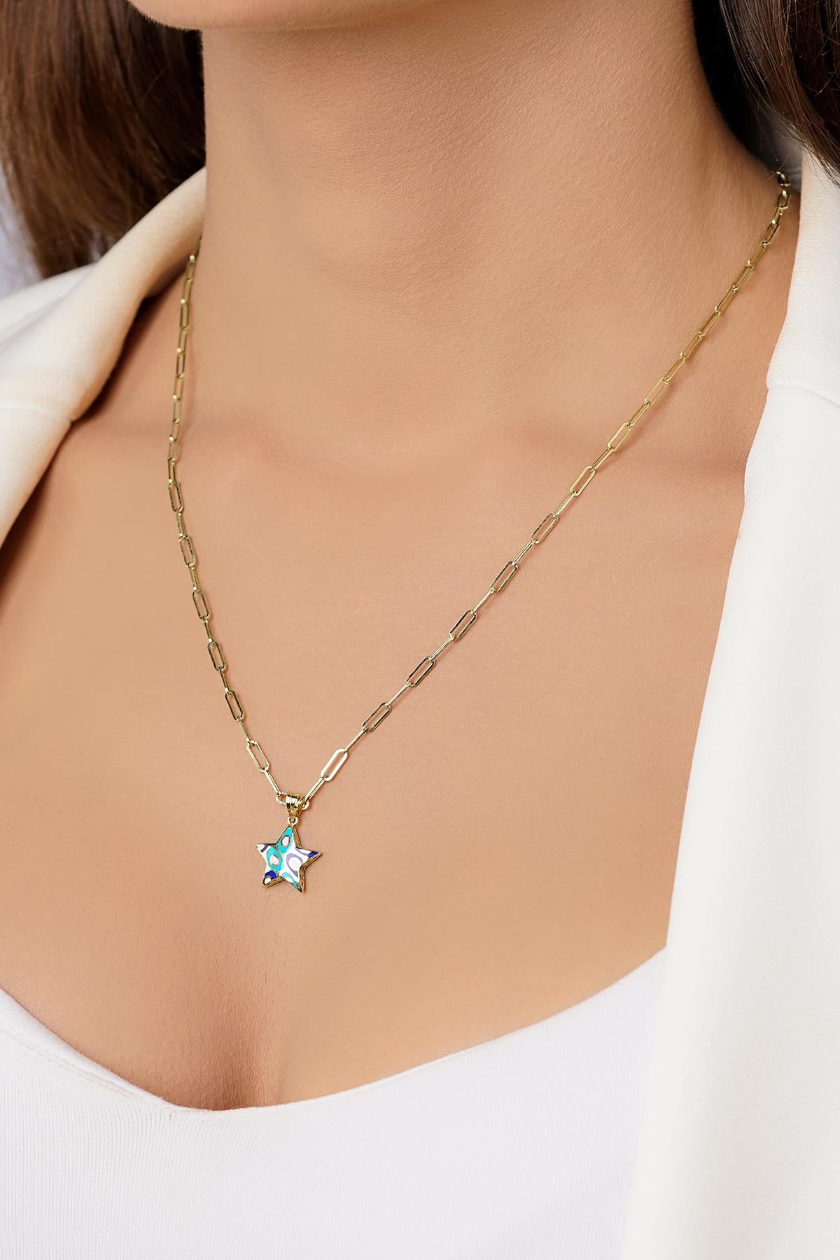 14K Gold Enamel Star on Paperclip Chain