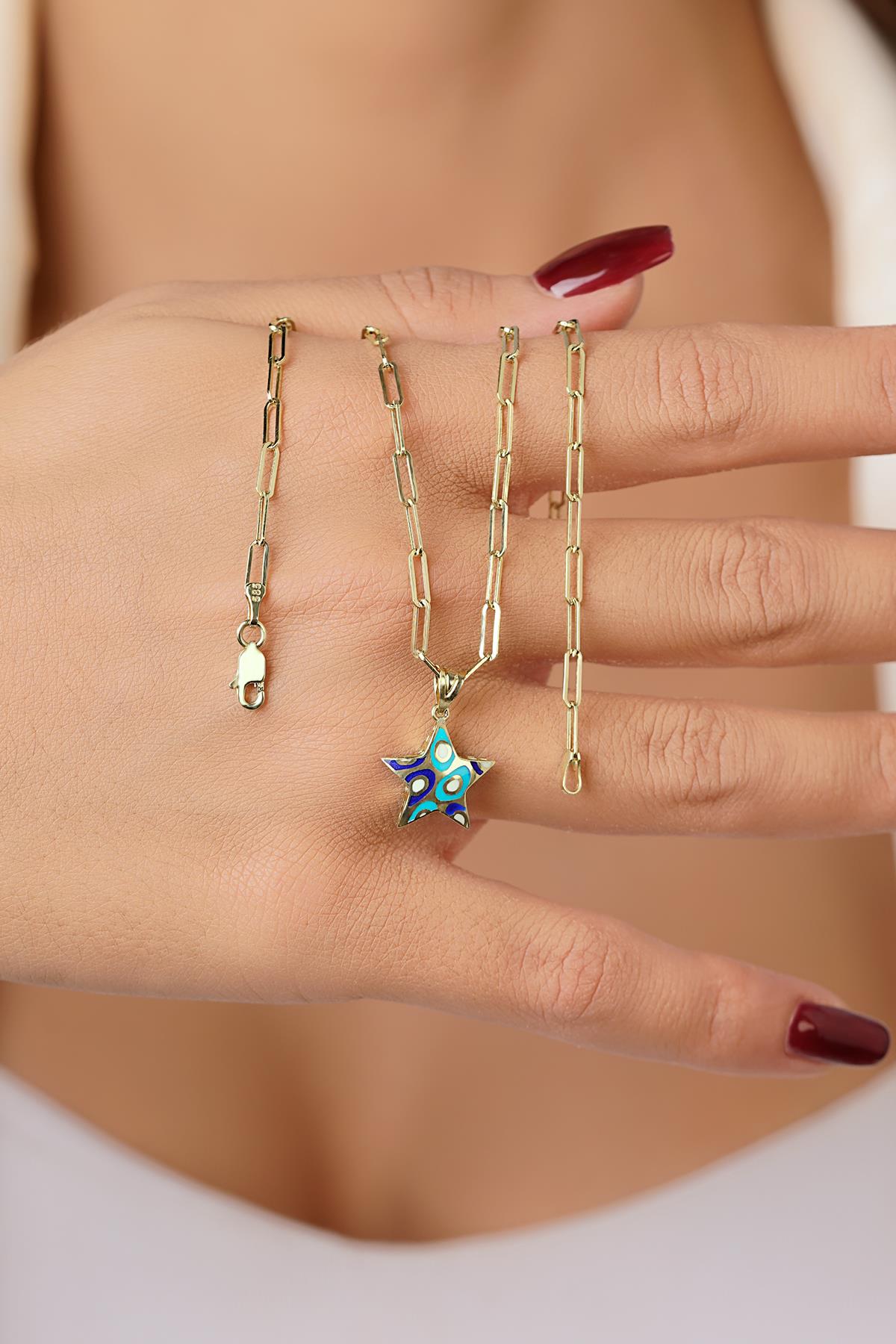 14K Gold Enamel Star on Paperclip Chain