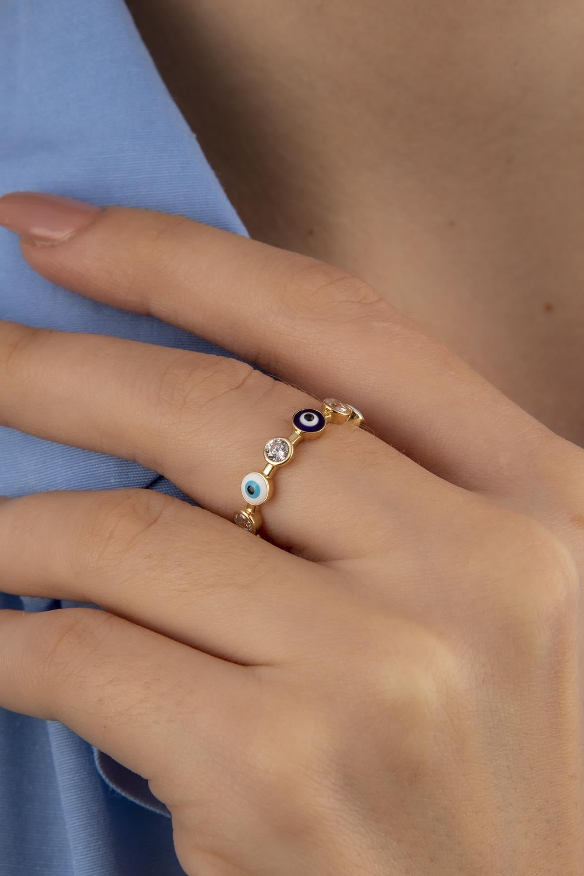 14K Gold Evil Eye and Stone Series Ring