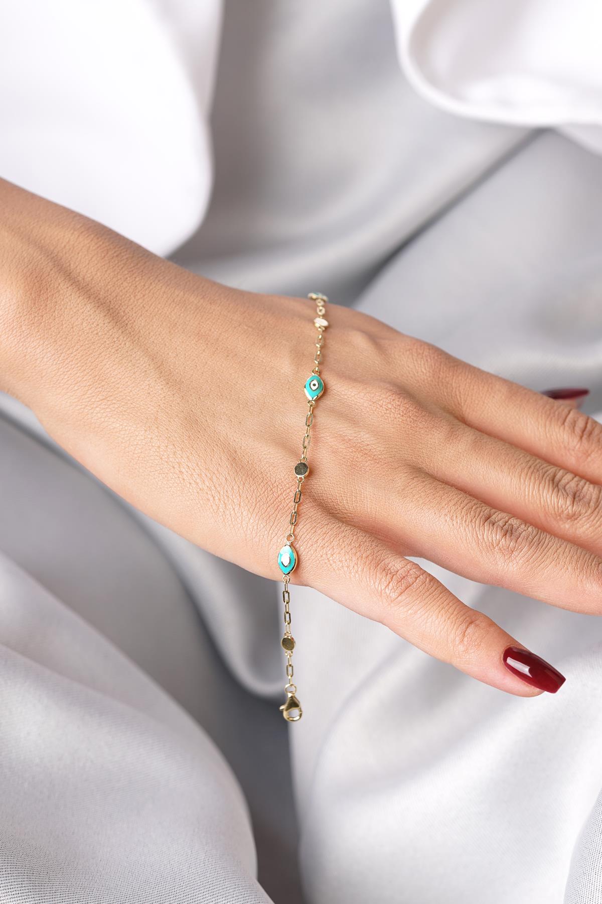 14K Solid Gold Evil Eye Charm Paperclip Bracelet