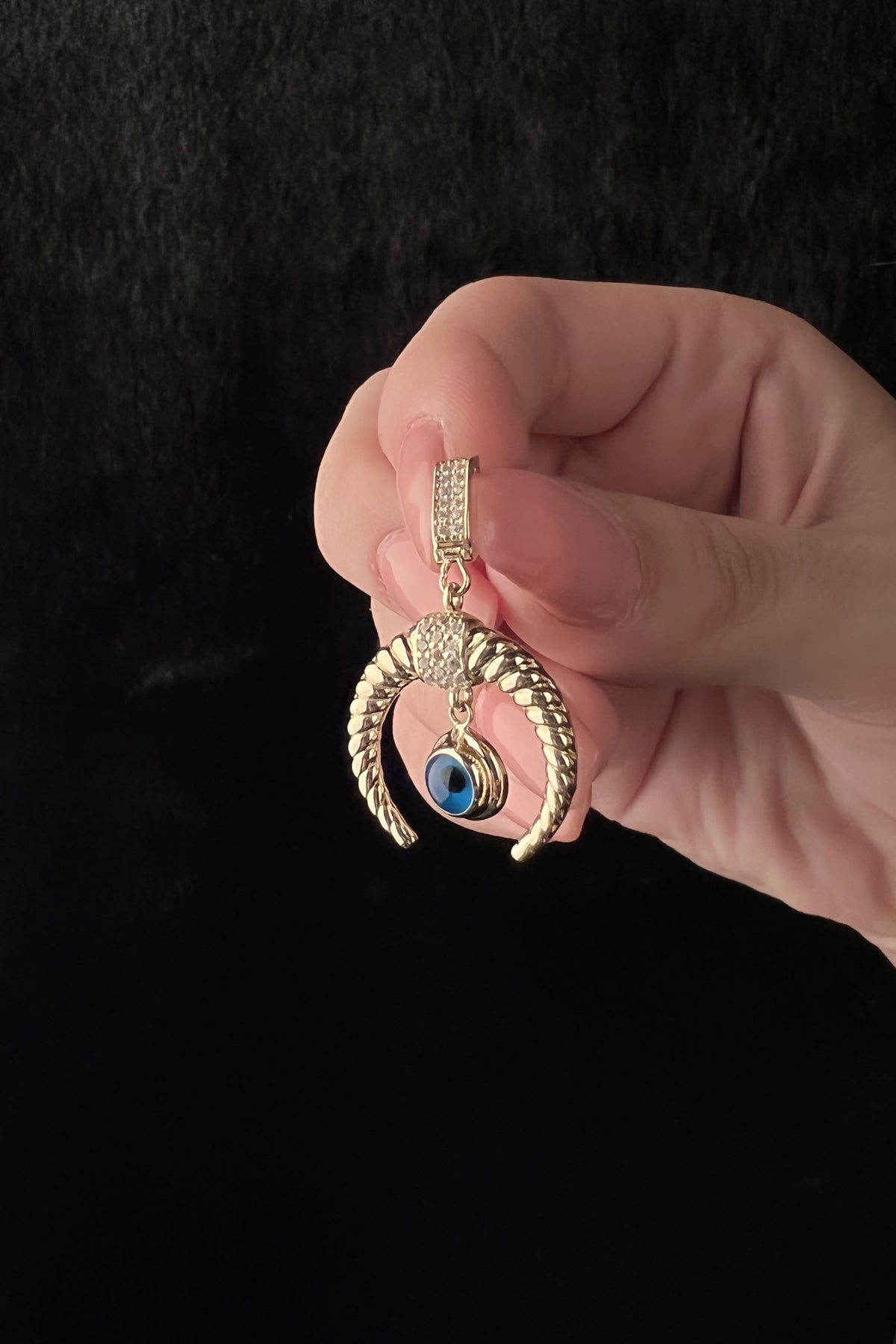 14K Gold Evil Eye Crescent Shape Charm