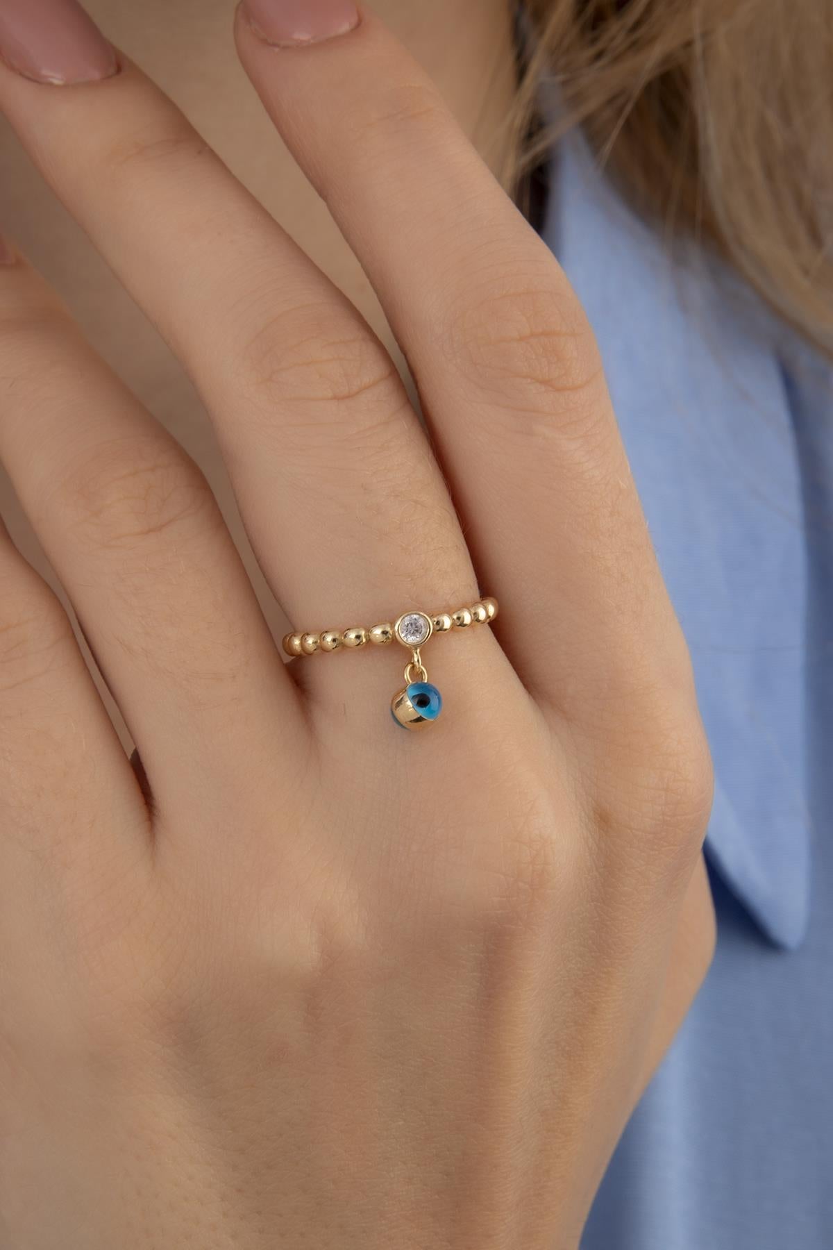 14K Gold Evil Eye Dangel Ring