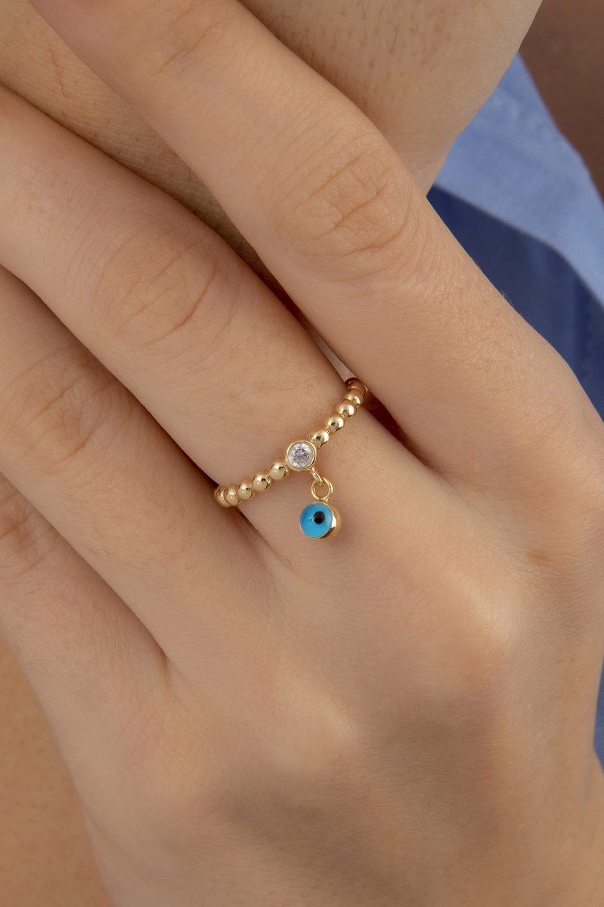 14K Gold Evil Eye Dangel Ring