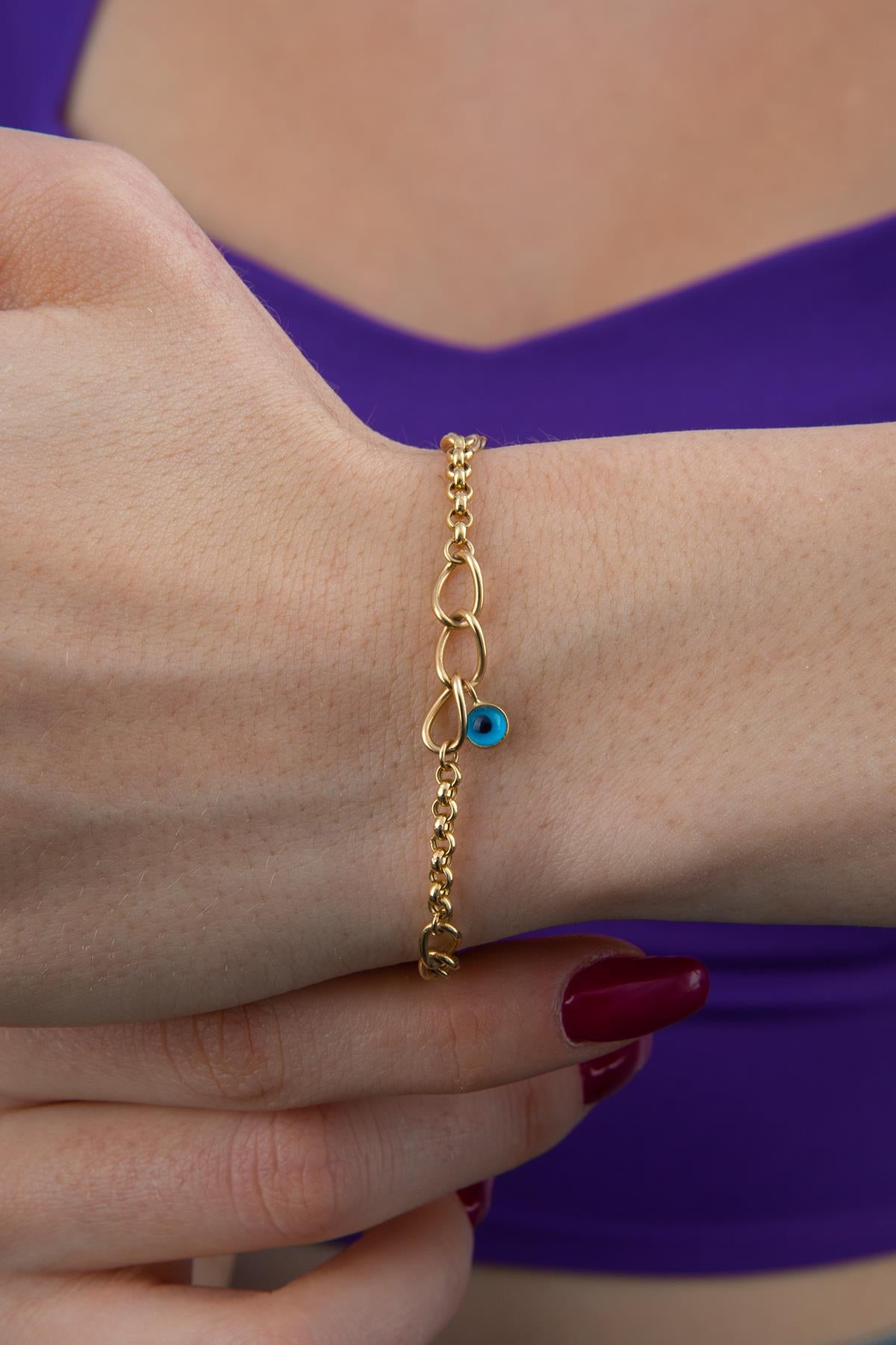 14K Gold Evil Eye Dangle Rolo Bracelet