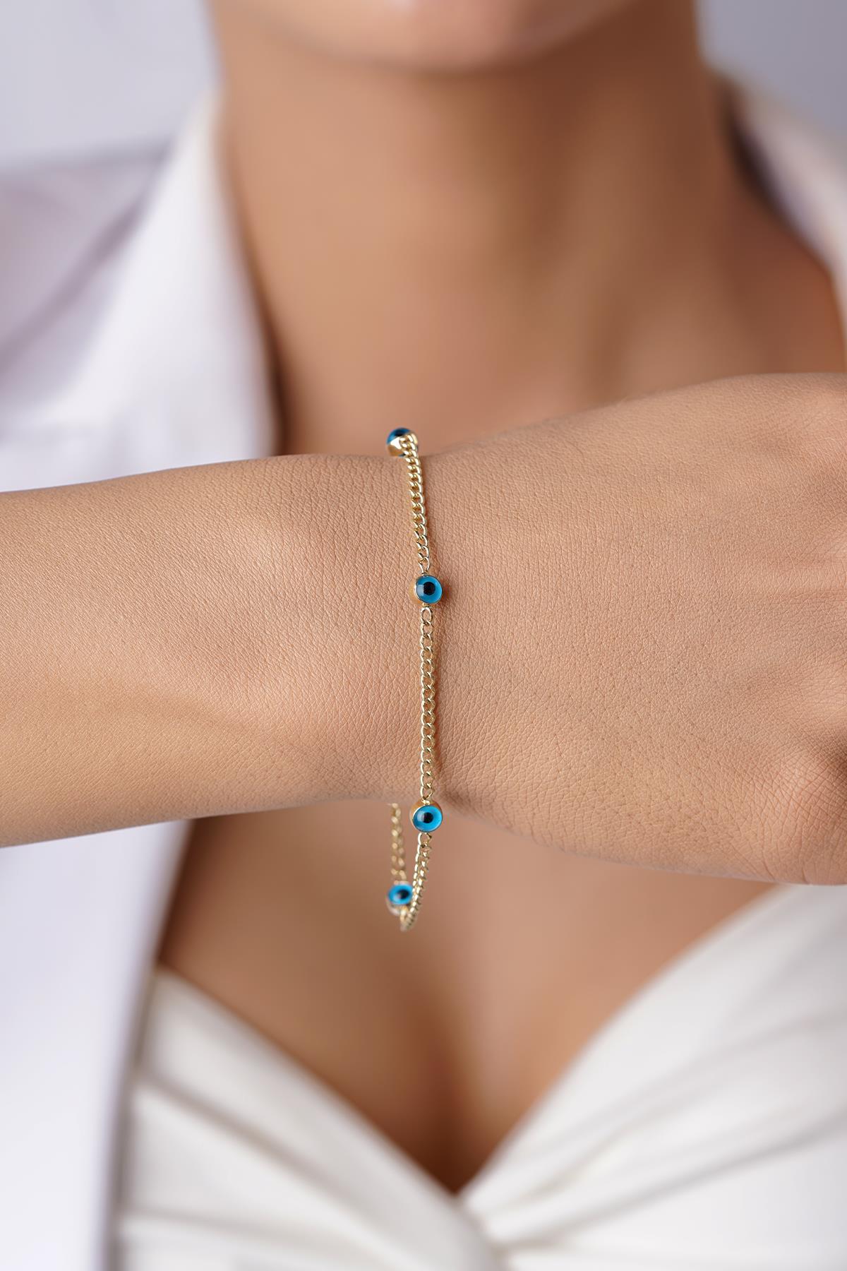 14K Solid Gold Evil Eye on Cuban Chain Bracelet