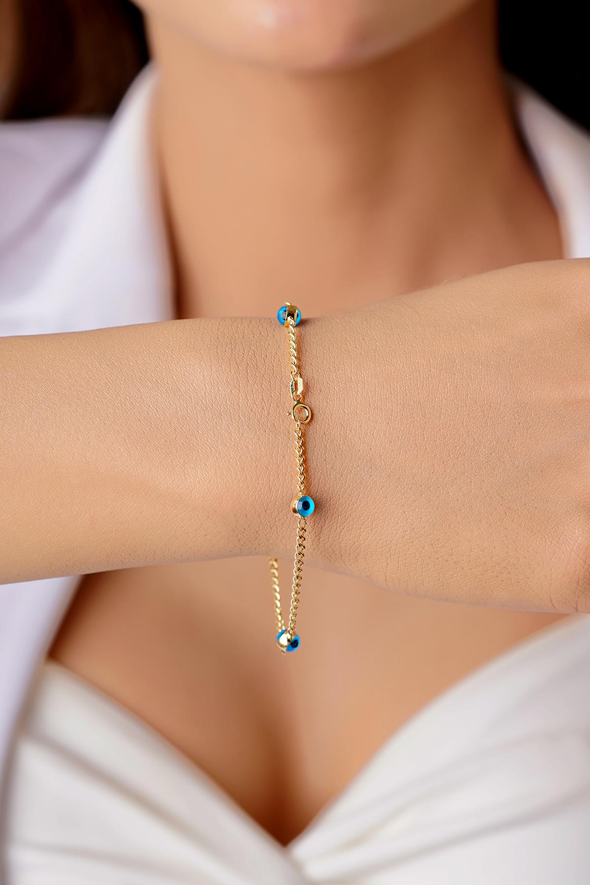 14K Solid Gold Evil Eye on Cuban Chain Bracelet