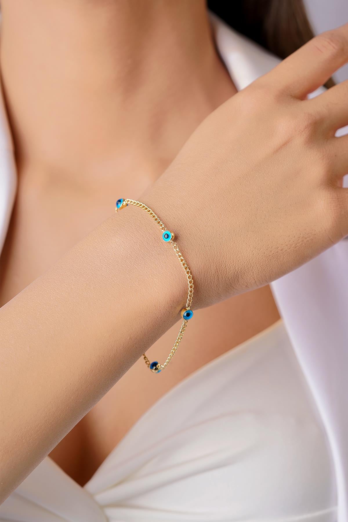 14K Gold Evil Eye on Cuban Chain Bracelet