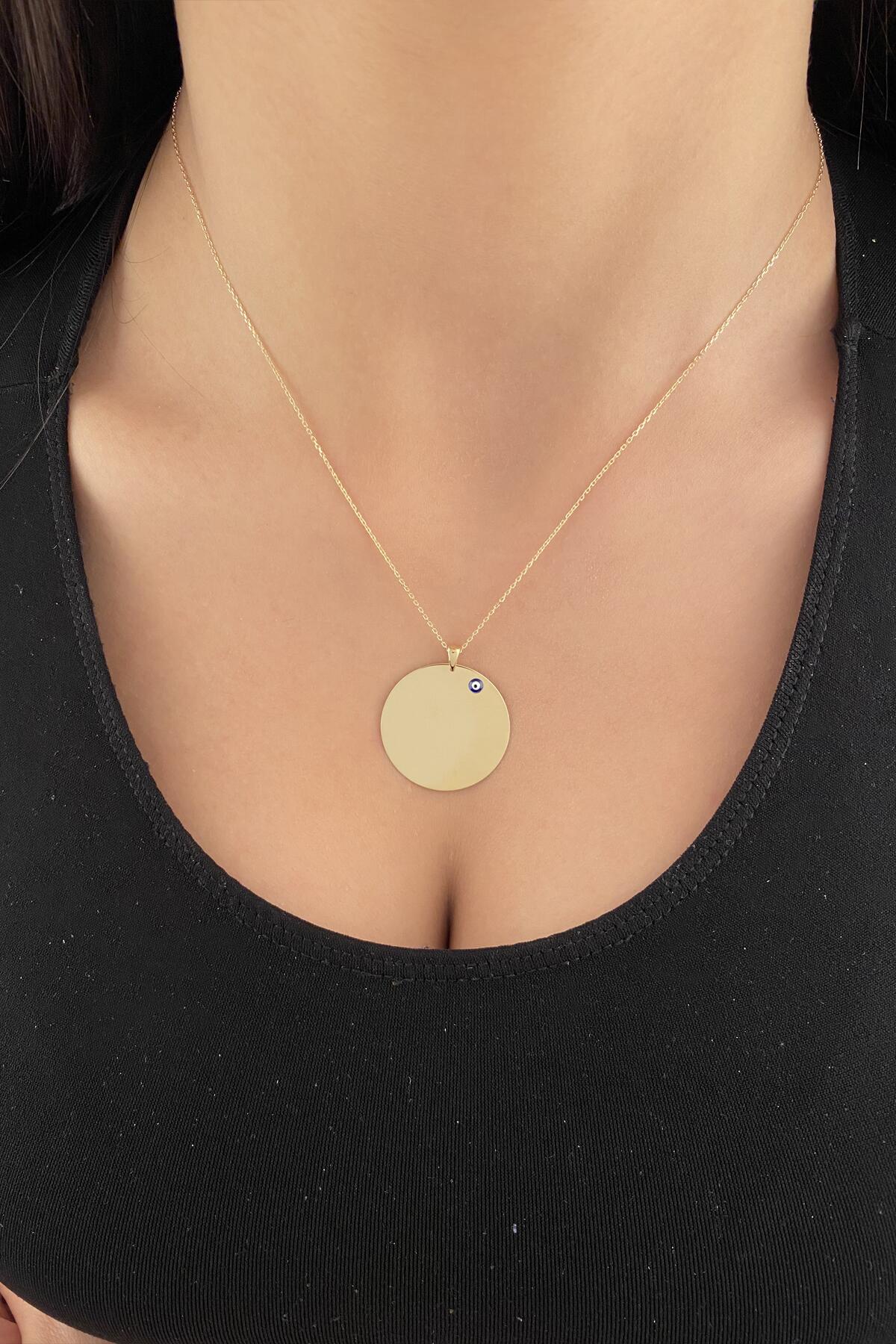 14K Gold Evil Eye Oval Plate Necklace