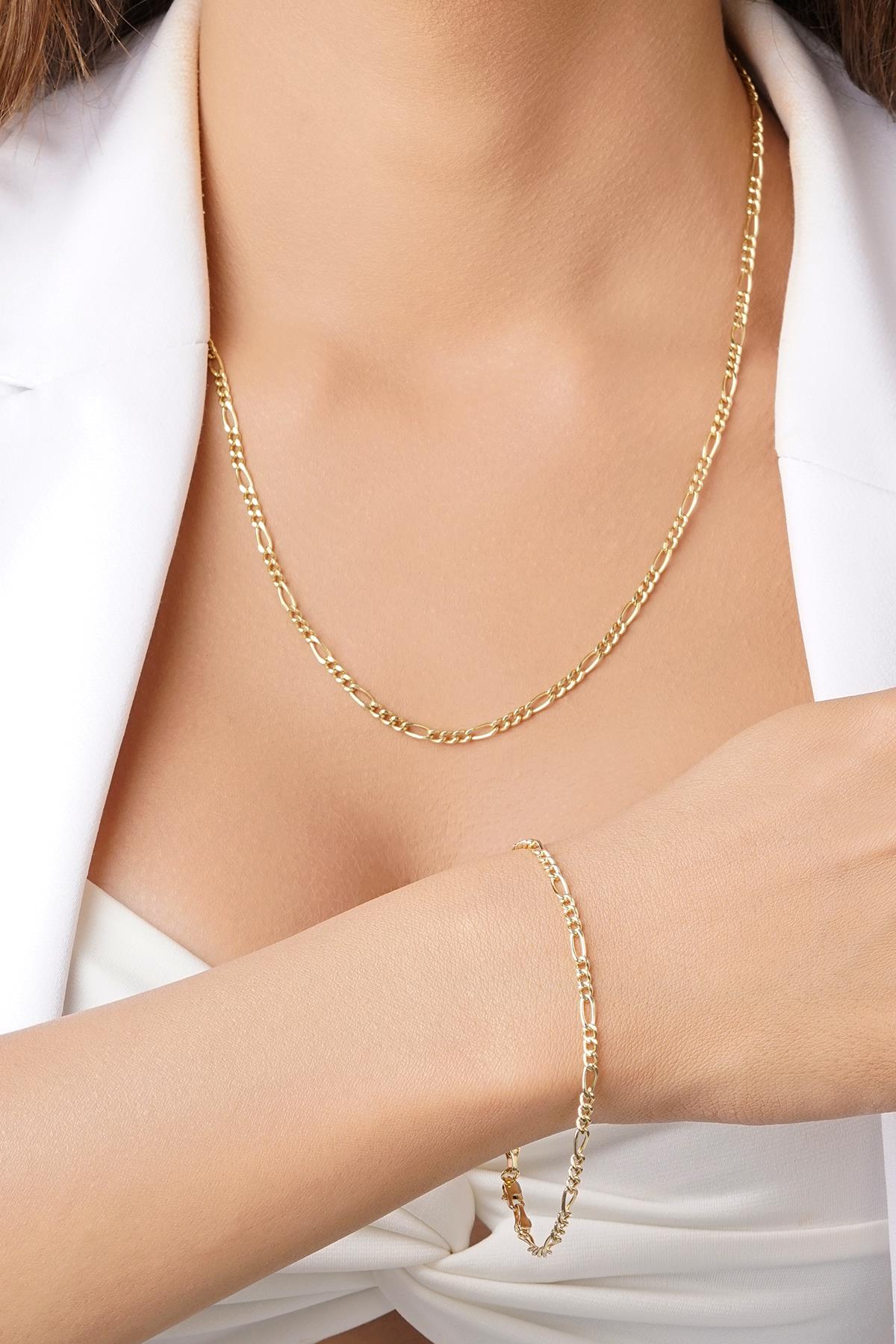 14K Gold Figaro Link Necklace & Bracelet Set