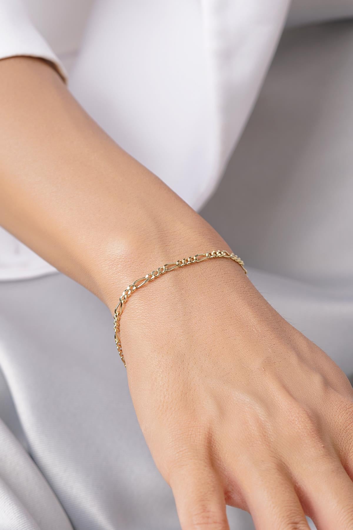 14K Solid Gold Figaro Link Necklace & Bracelet Set