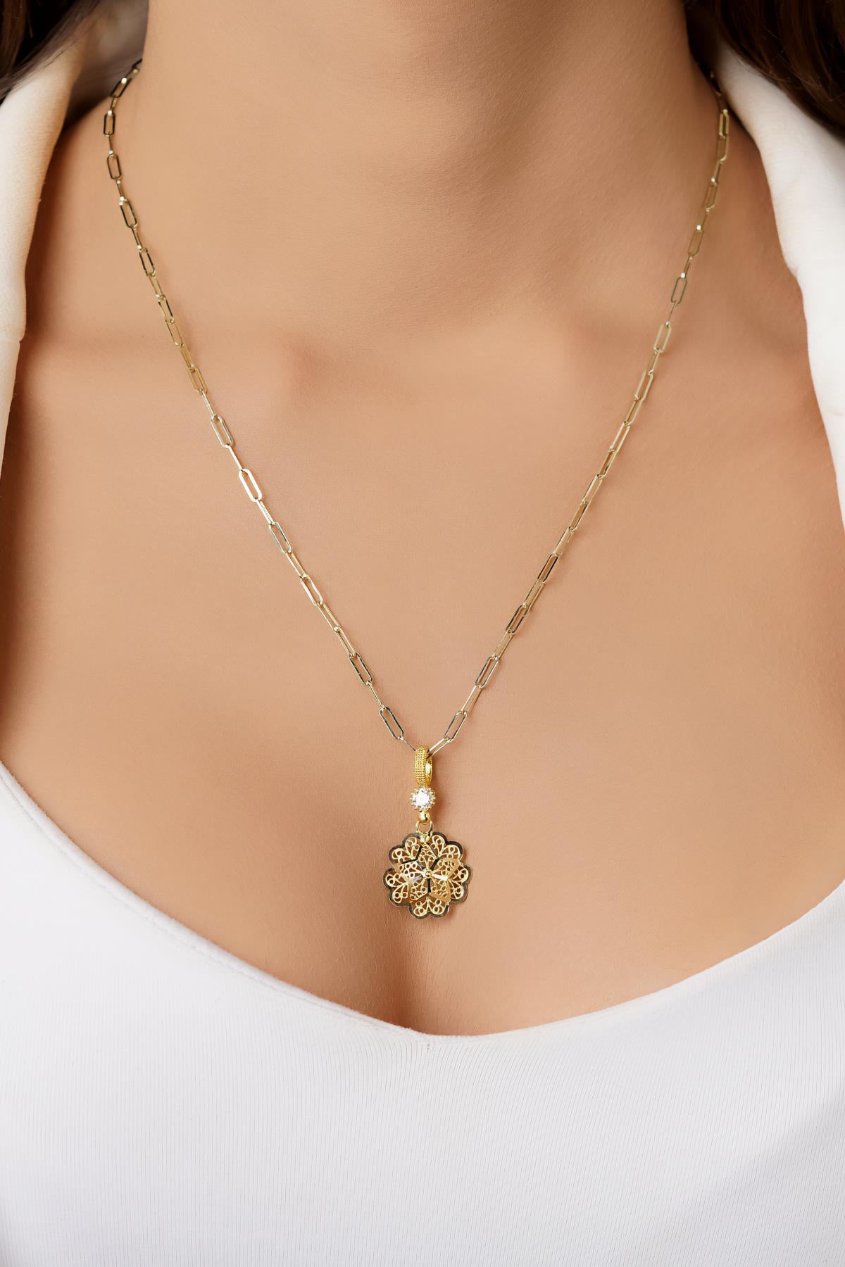 14K Gold Filigree Rose on Paperclip Chain