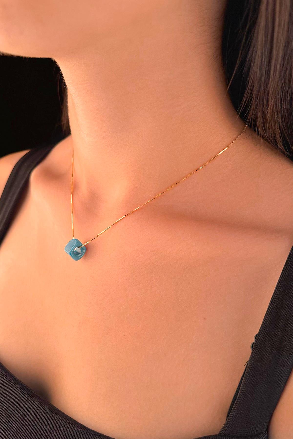 14K Gold Fine Box Chain Blue Box Necklace