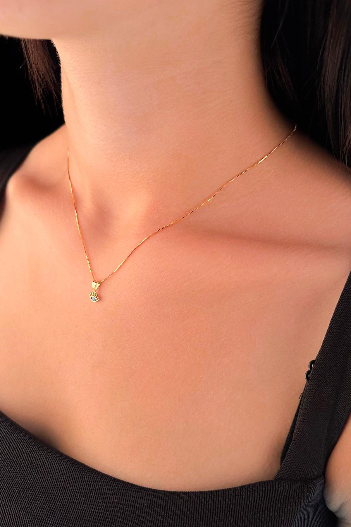 14K Gold Fine Box Chain Evil Eye Necklace