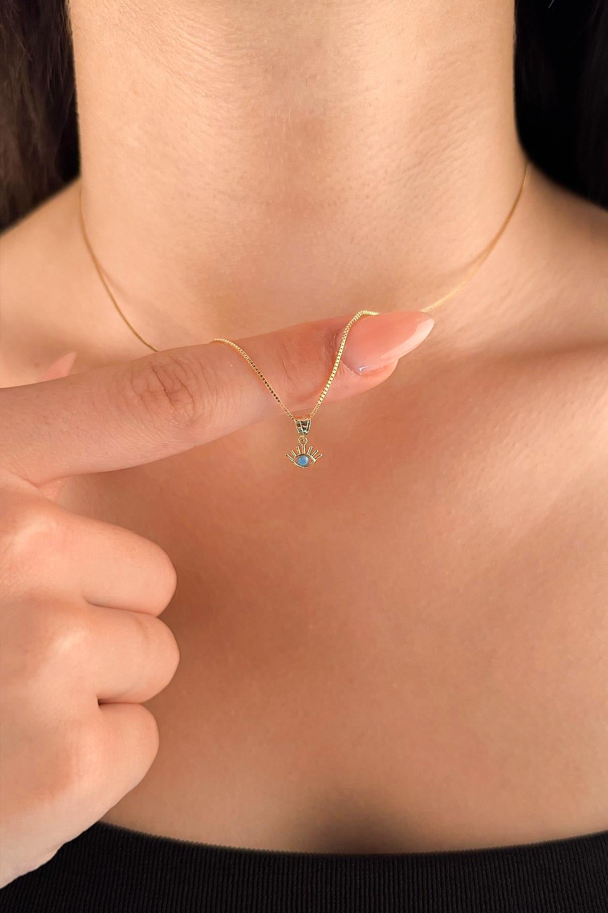 14K Gold Fine Box Chain Evil Eye Necklace