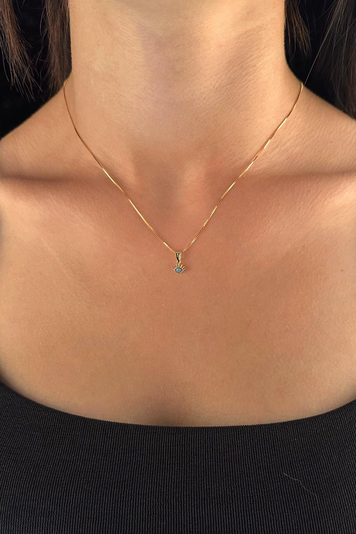 14K Gold Fine Box Chain Evil Eye Necklace