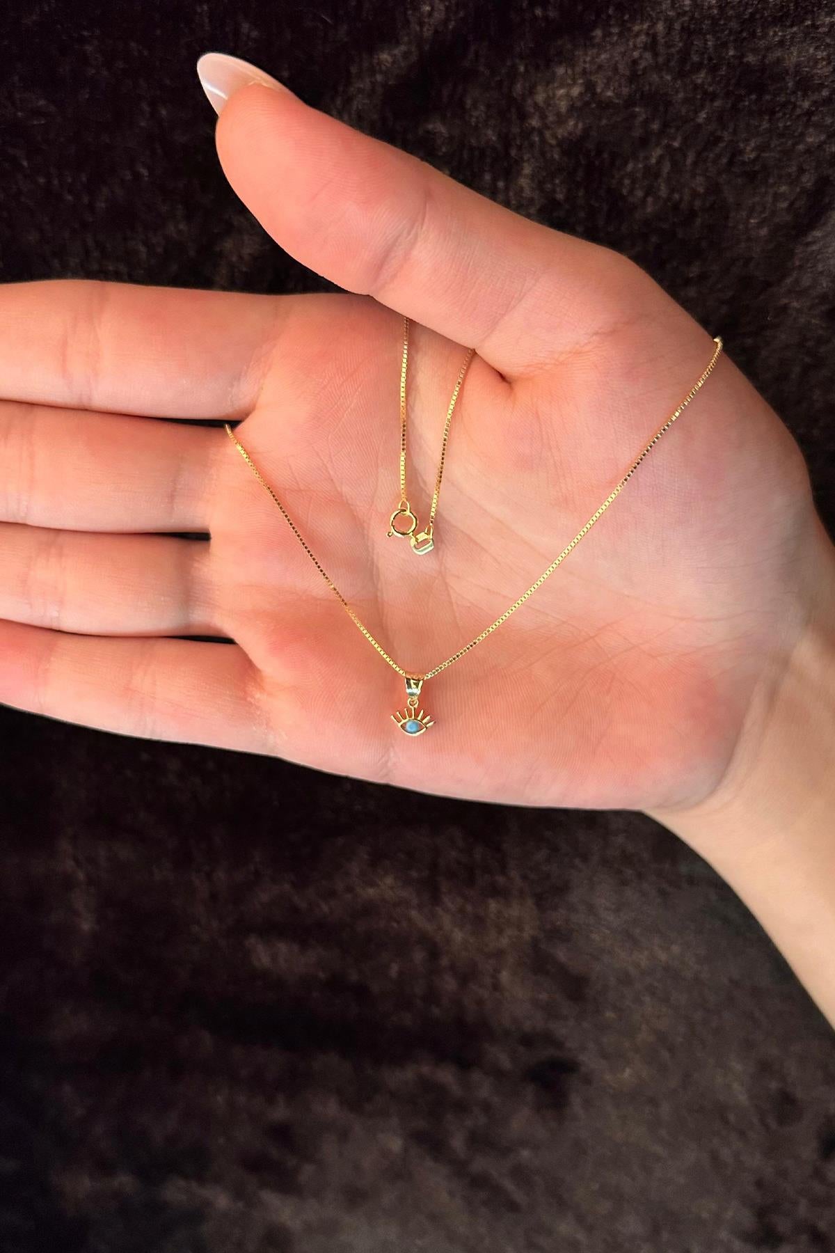 14K Gold Fine Box Chain Evil Eye Necklace