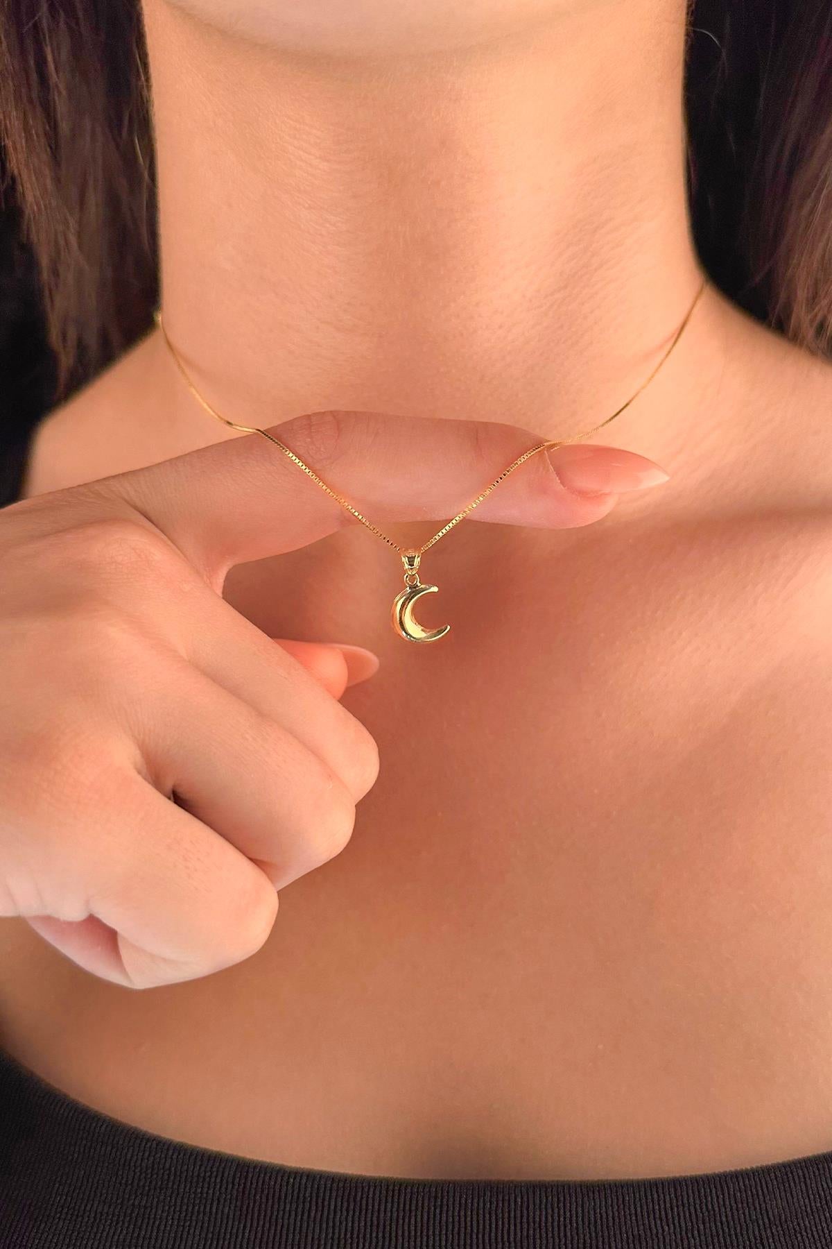 14K Gold Fine Box Chain Puff Crescent Necklace