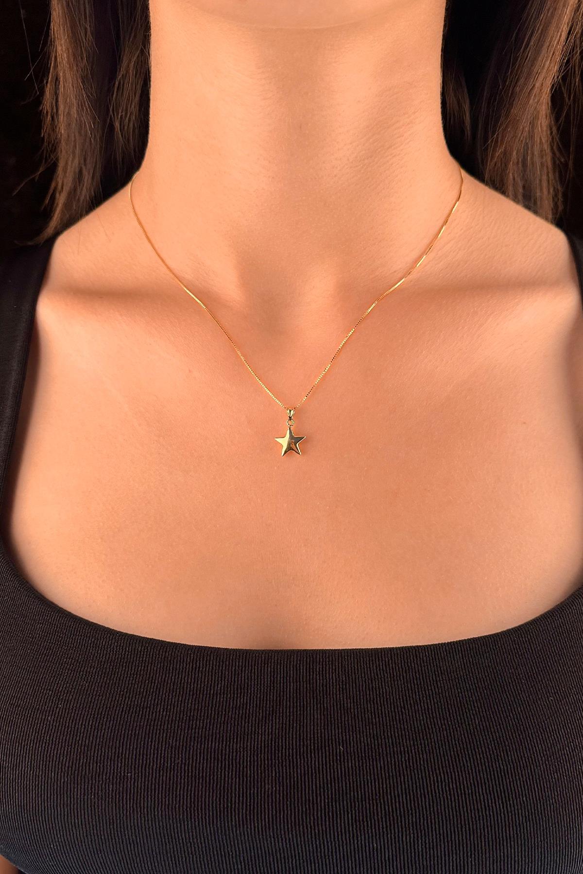 14K Gold Fine Box Chain Puffy Star Necklace