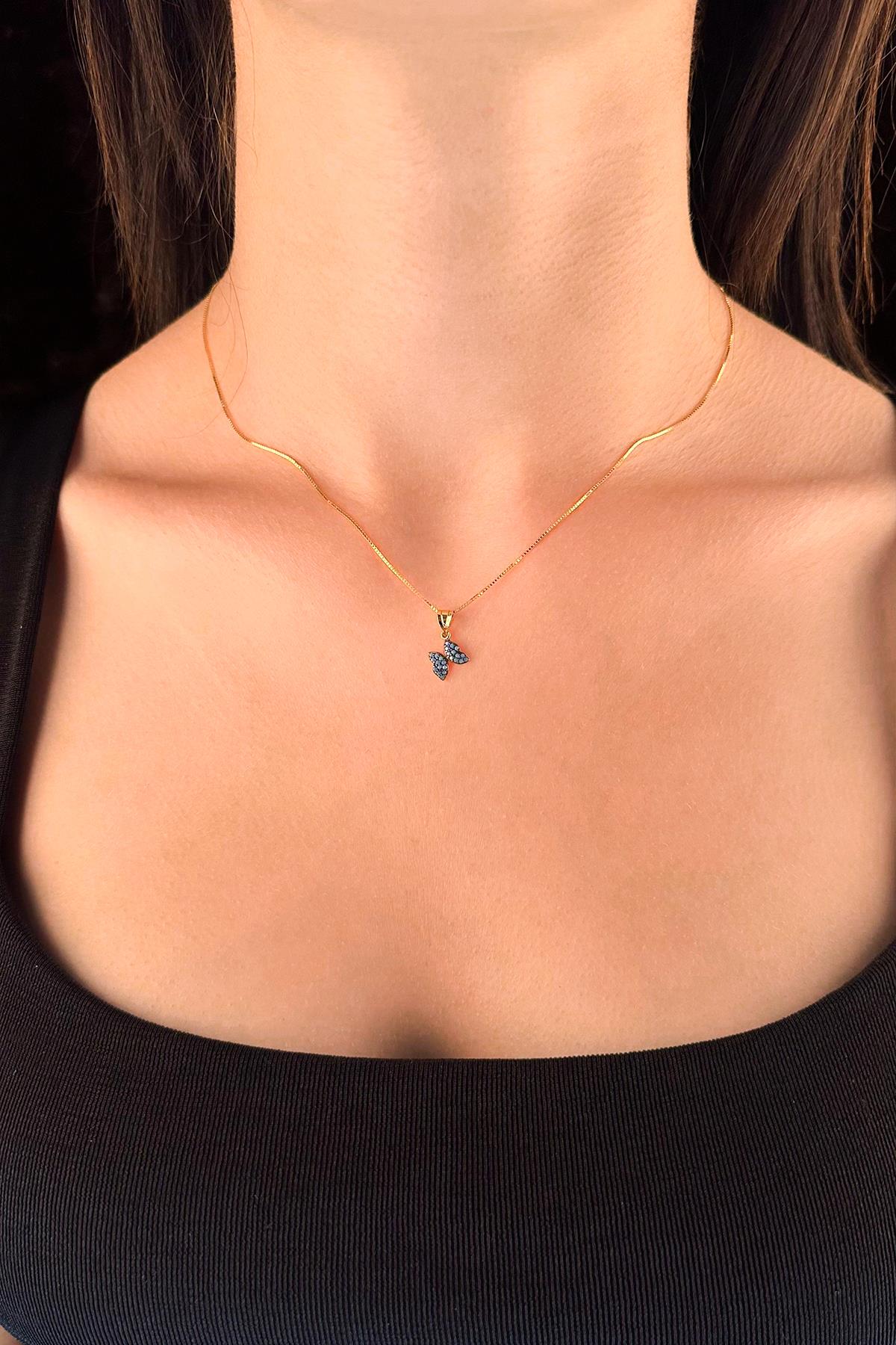 14K Gold Fine Box Chain Turquoise Stone Butterfly Necklace