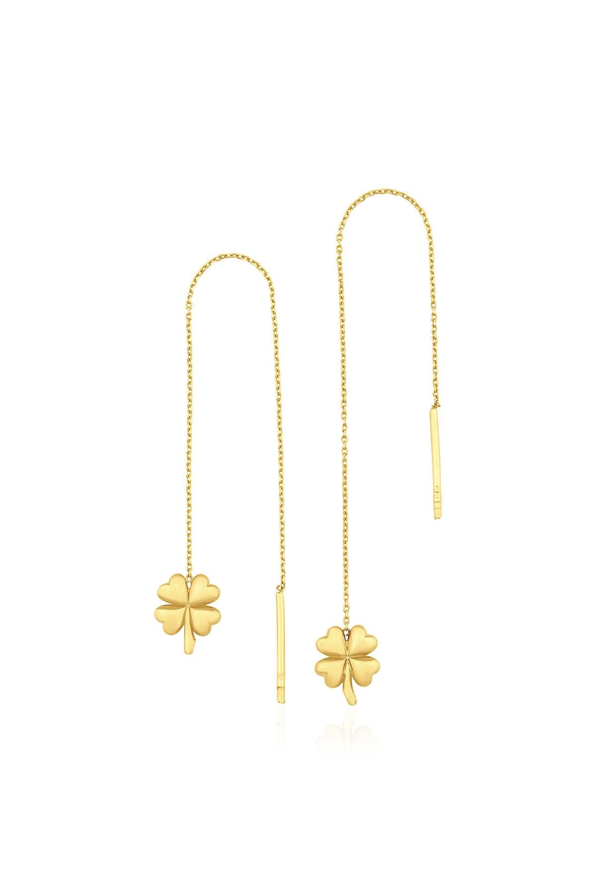 14K Gold Fine Chain  Clover Dangle Stud Earrings