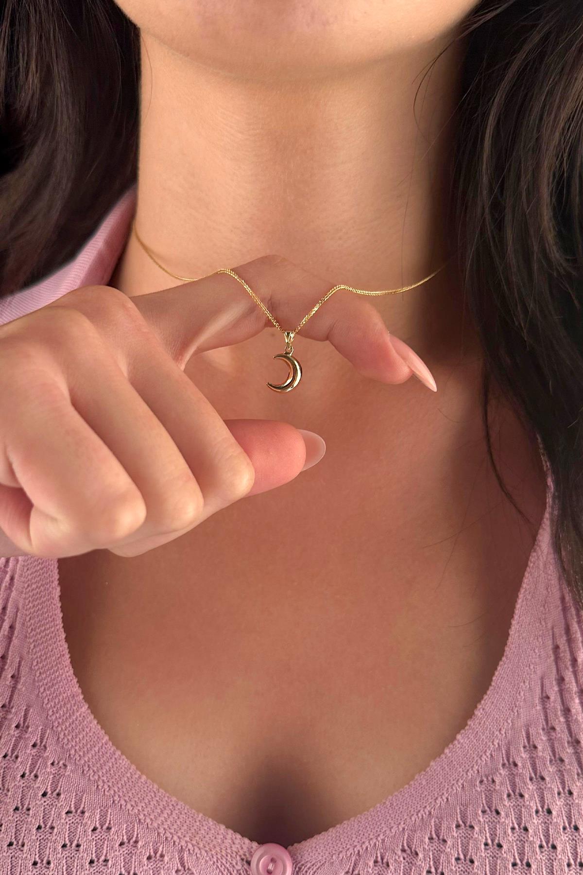 14K Gold Fine Foxtail Puff Crescent Necklace