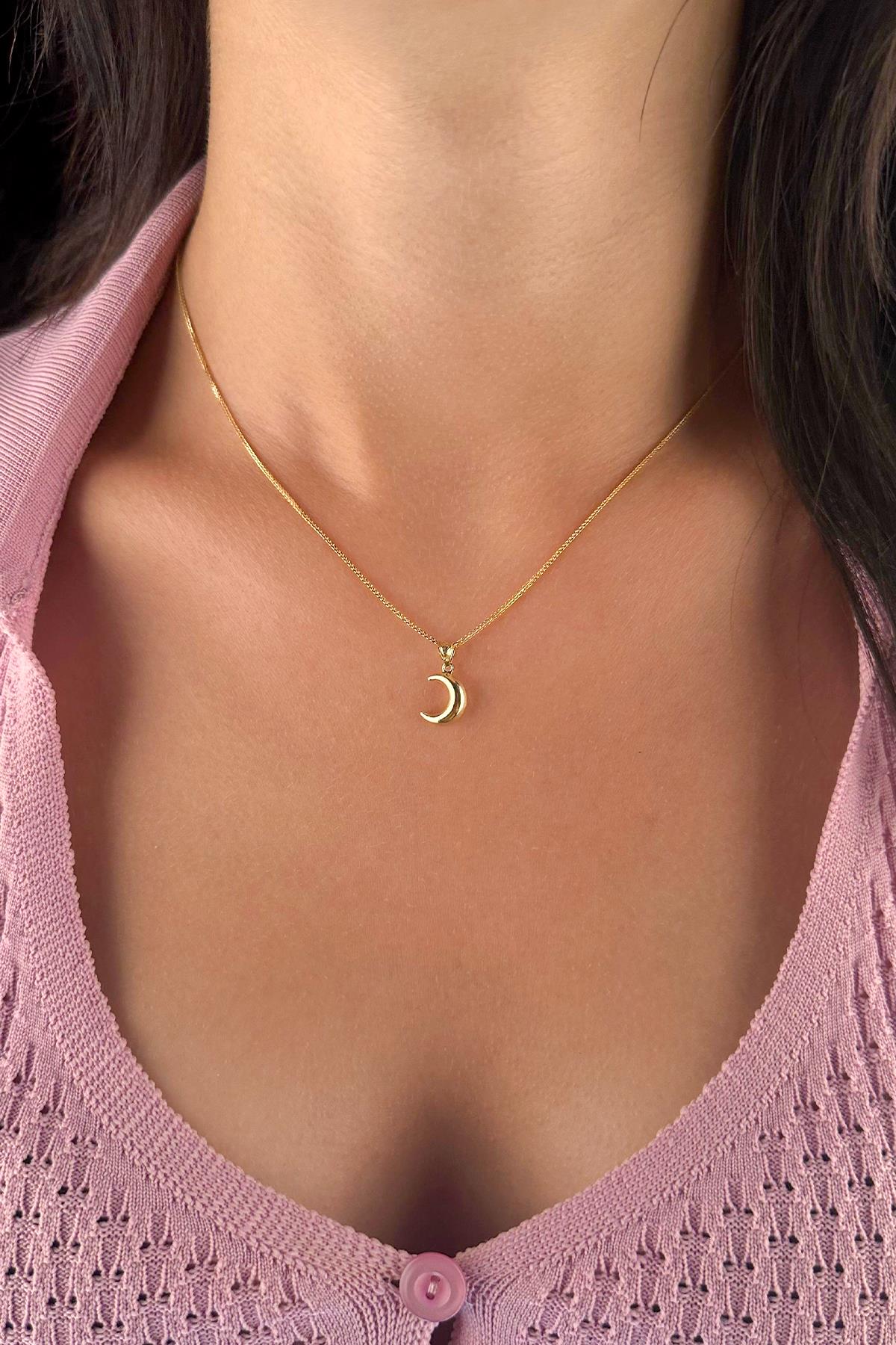 14K Gold Fine Foxtail Puff Crescent Necklace