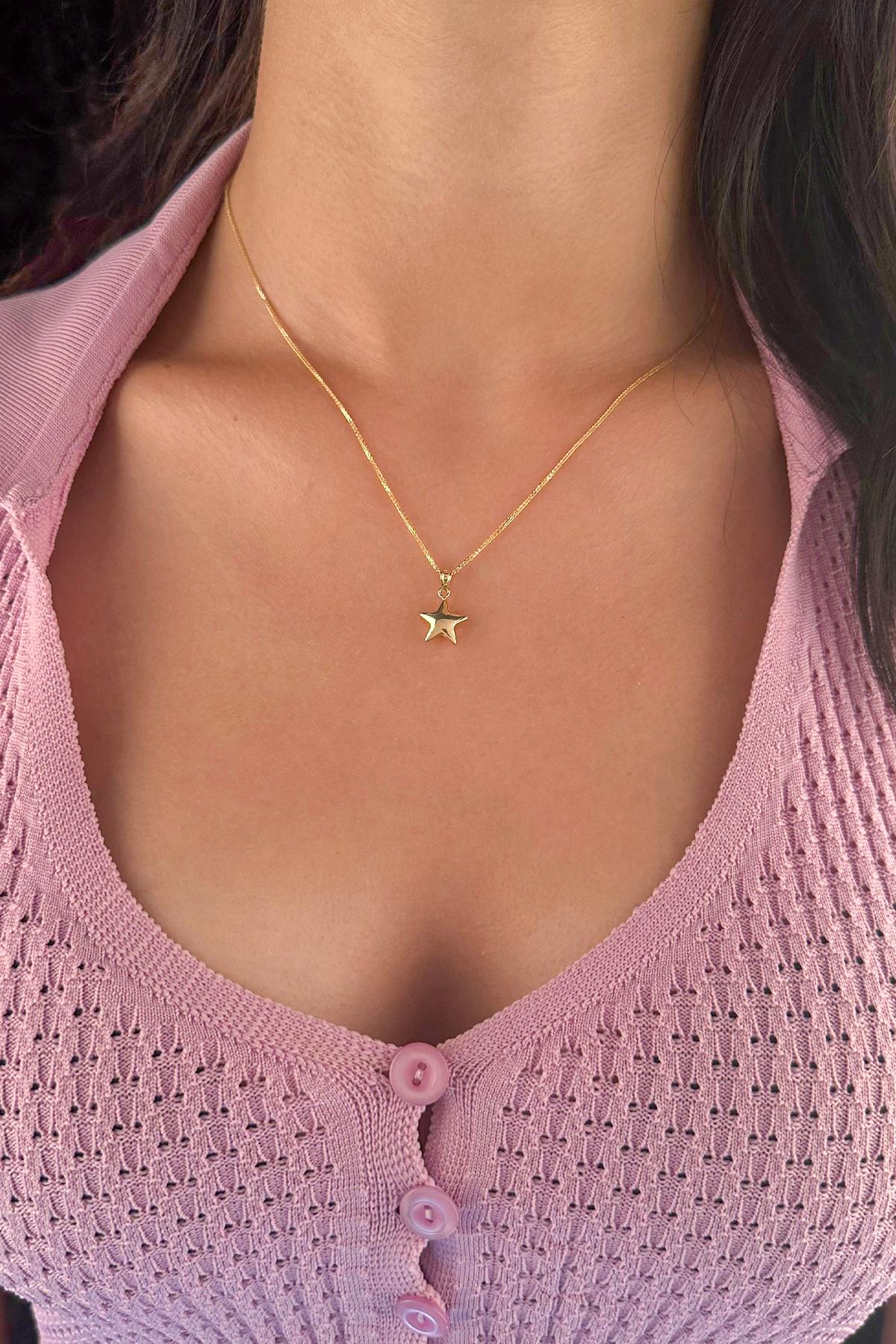 14K Gold Fine Foxtail Puffy Star Necklace