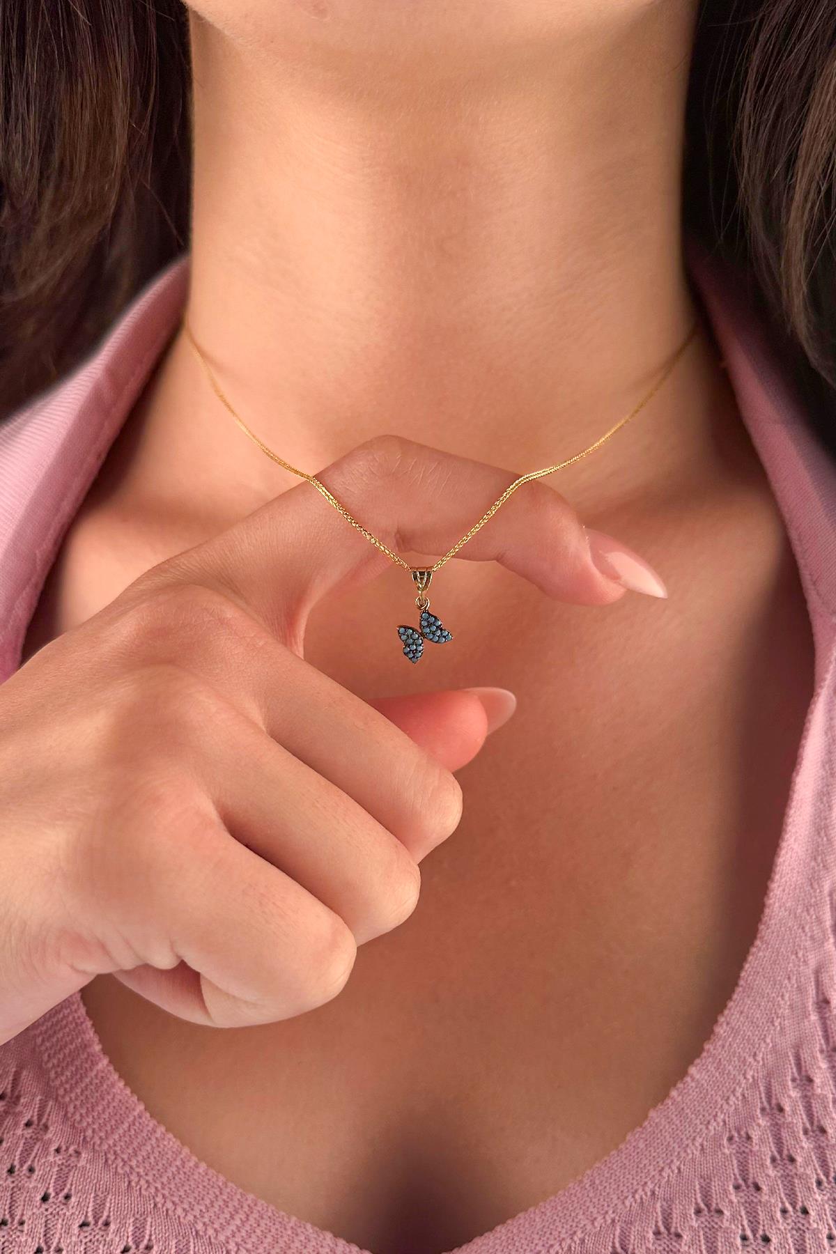 14K Gold Fine Foxtail Turquoise Stone Butterfly Necklace