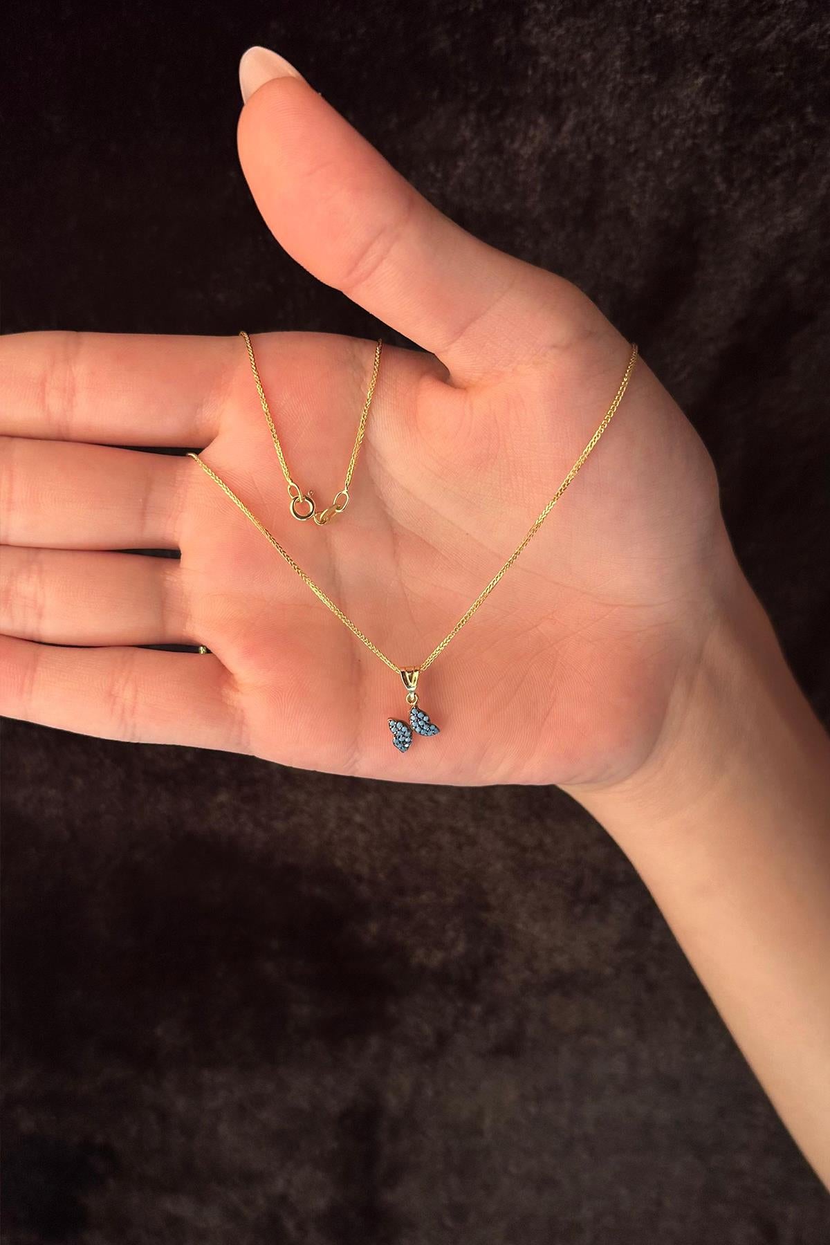 14K Gold Fine Foxtail Turquoise Stone Butterfly Necklace