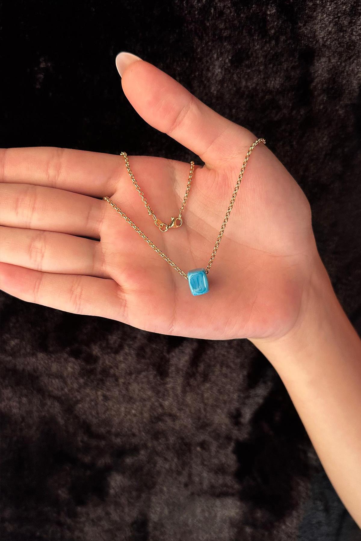 14K Gold Fine Rolo Chain Blue Box Necklace
