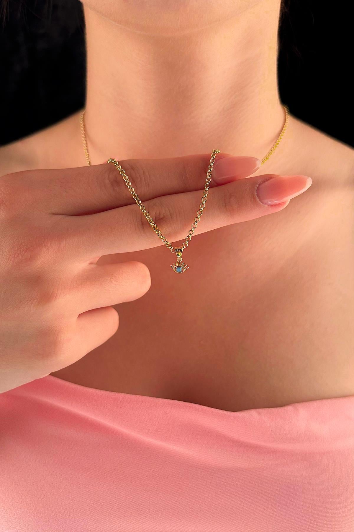 14K Gold Fine Rolo Chain Evil Eye Necklace