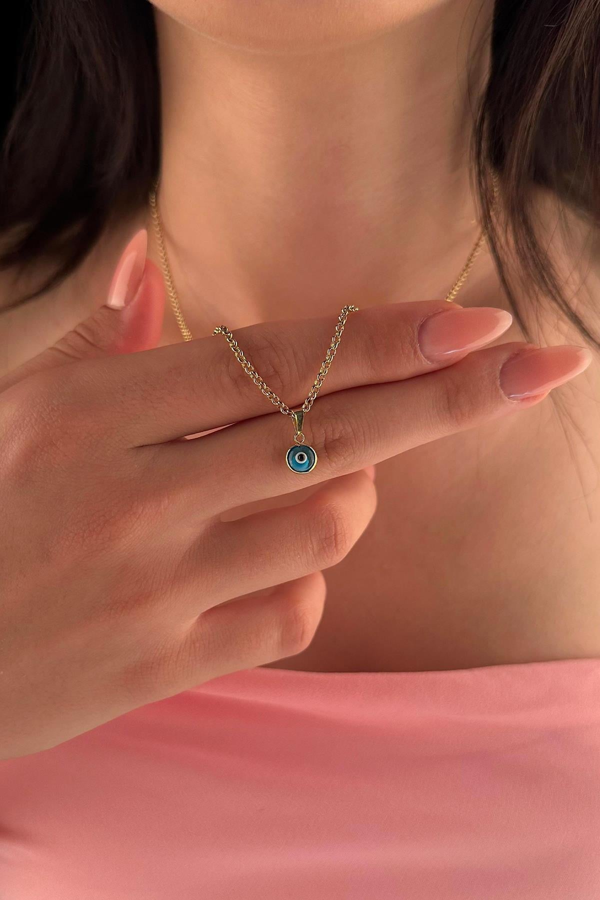 14K Gold Fine Rolo Chain Evil Eye Necklace