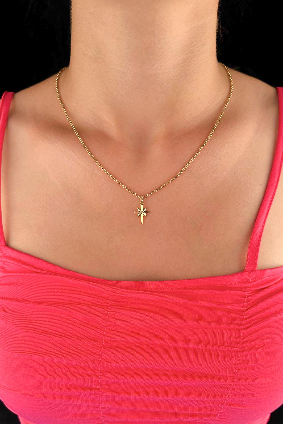 14K Gold Fine Rolo Chain North Star Necklace