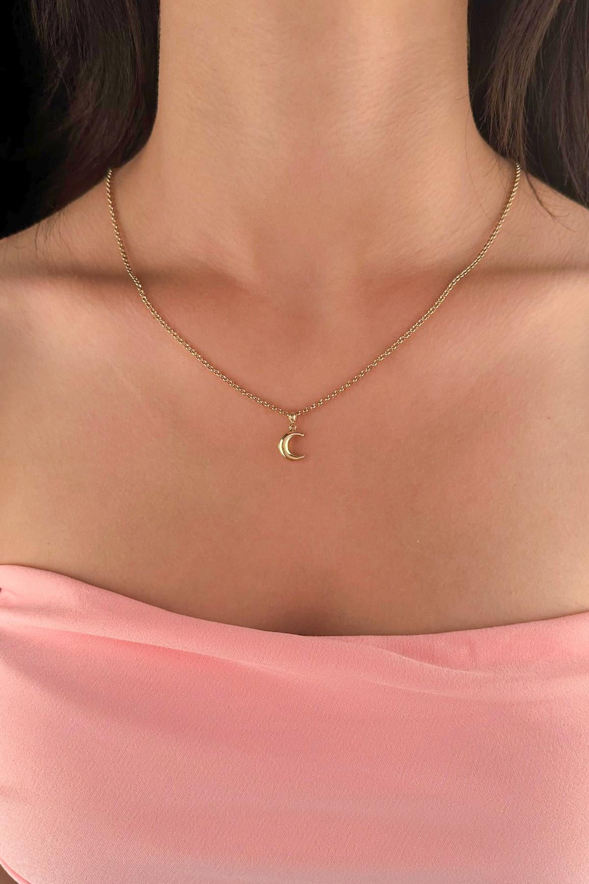14K Gold Fine Rolo Chain Puff Crescent Necklace
