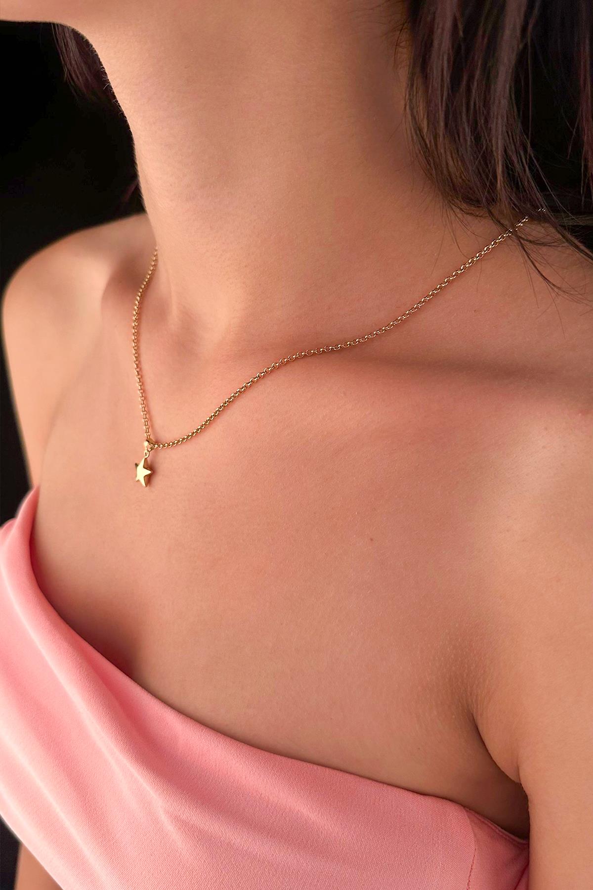 14K Gold Fine Rolo Chain Puffy Star Necklace