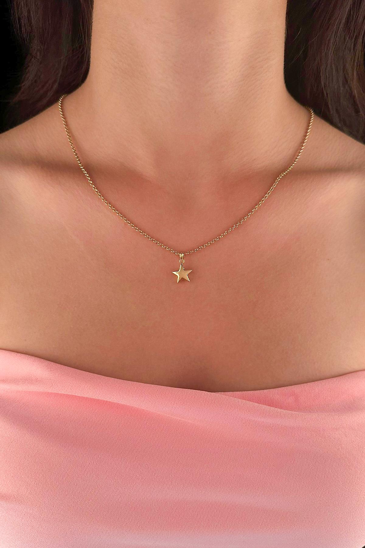 14K Gold Fine Rolo Chain Puffy Star Necklace