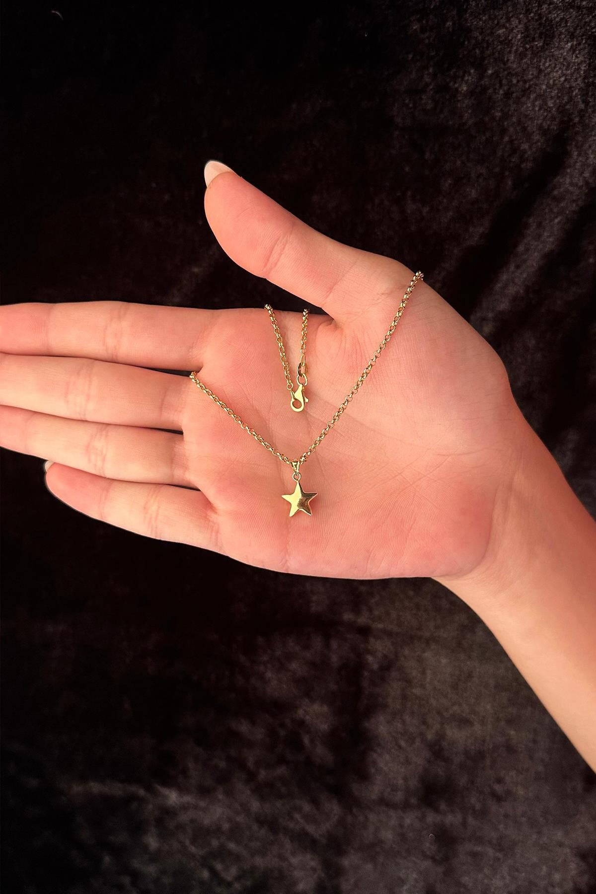 14K Gold Fine Rolo Chain Puffy Star Necklace