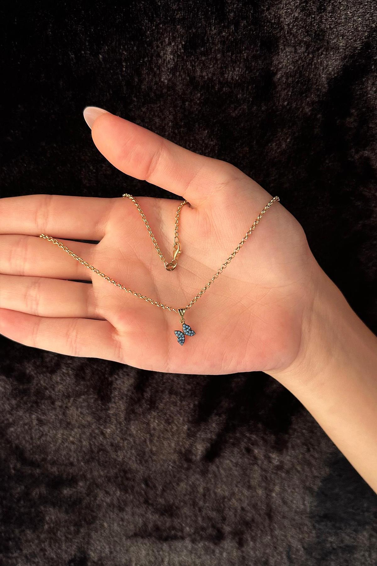 14K Gold Fine Rolo Chain Turquoise Stone Butterfly Necklace