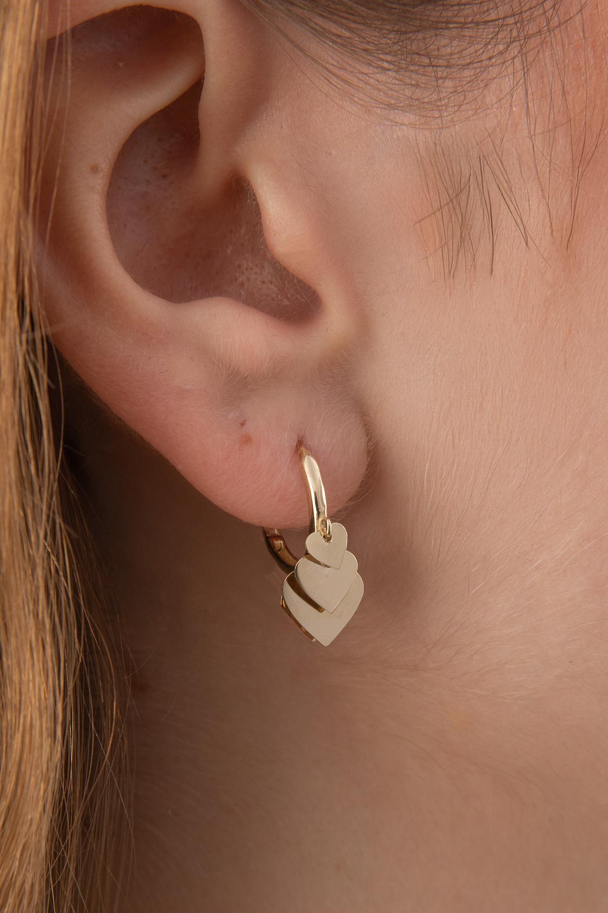 14K Gold Flat Hearts Dangle Huggie Earrings