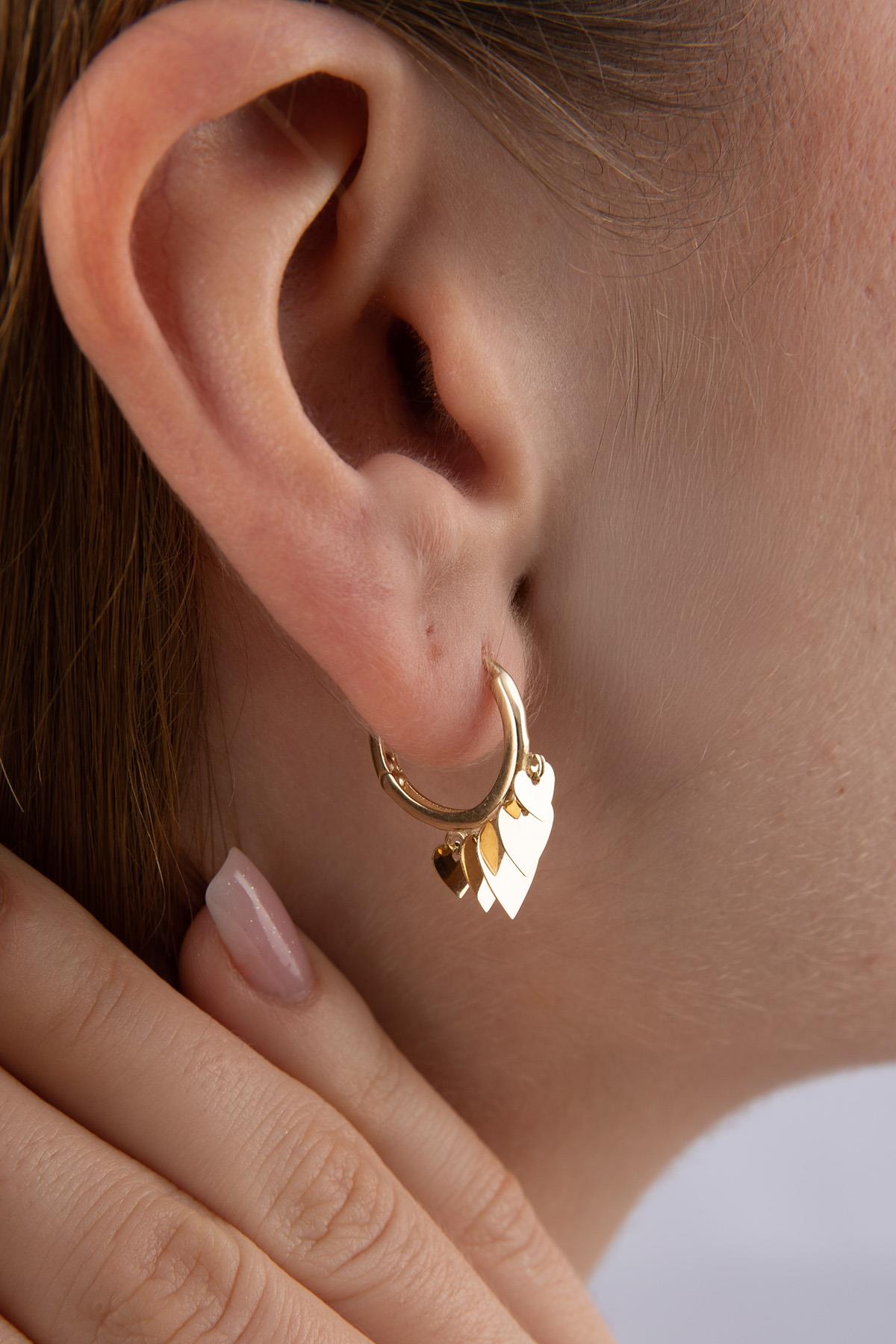 14K Gold Flat Hearts Dangle Huggie Earrings
