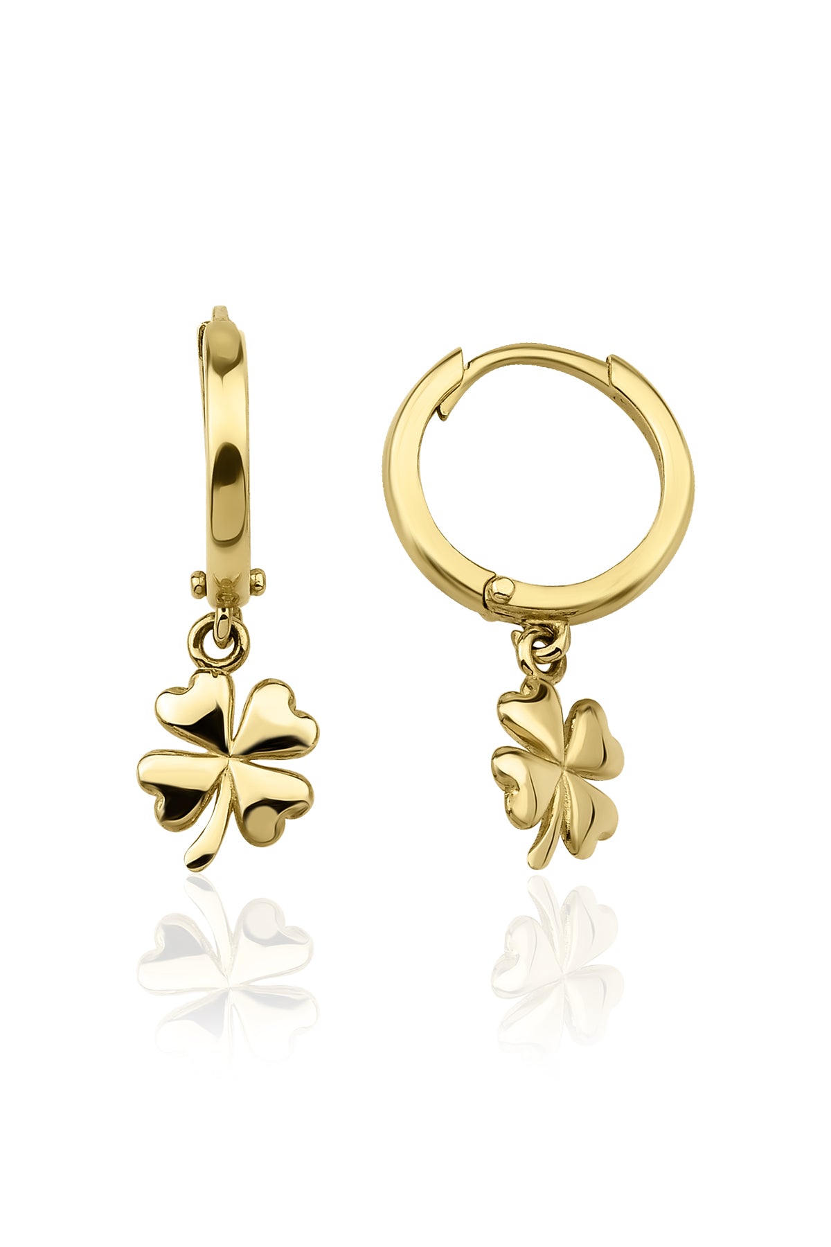 14K Gold Four Leaf Clover Dangle Huggie Earrings