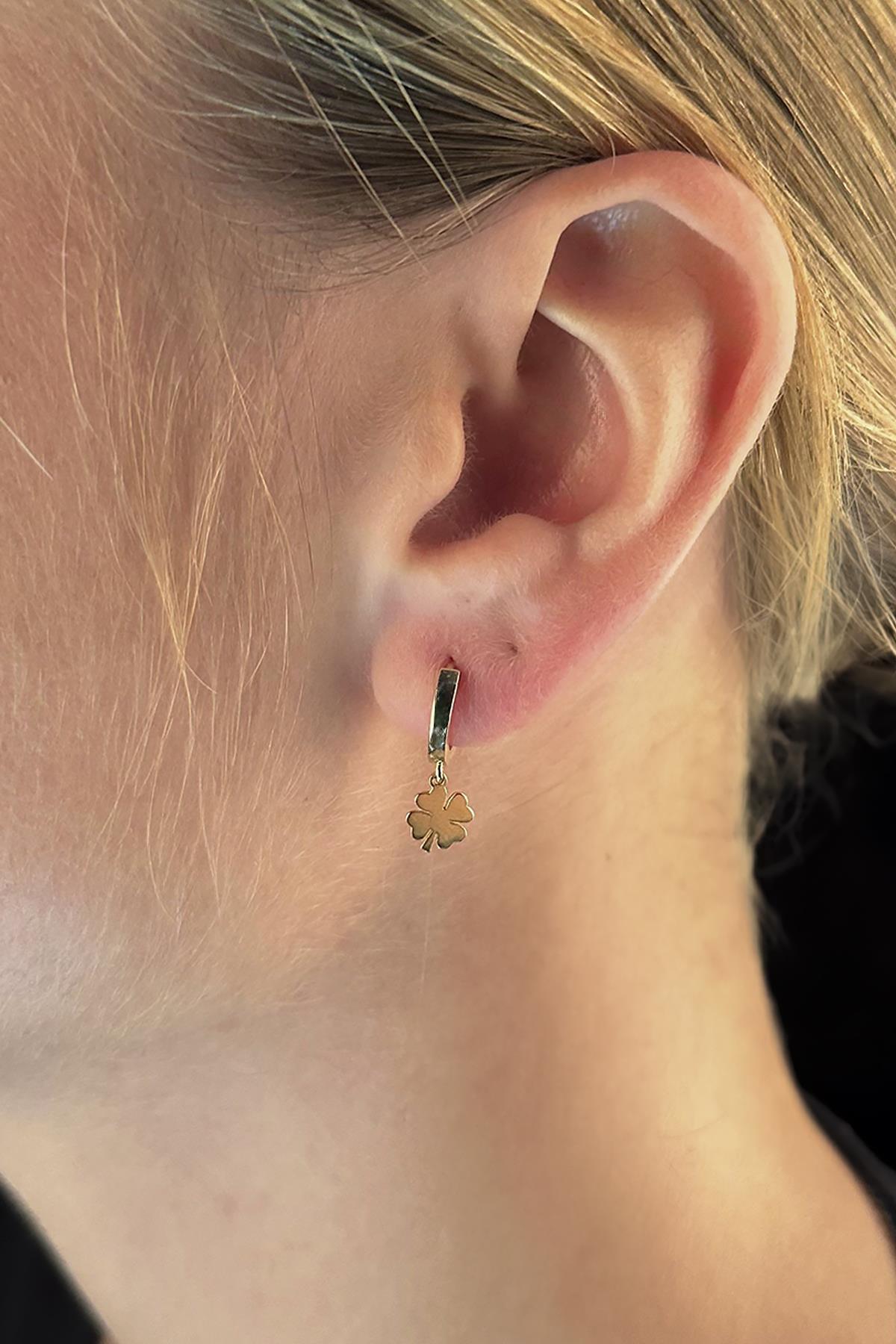 14K Gold Four Leaf Clover Huggie Hoop Earrings