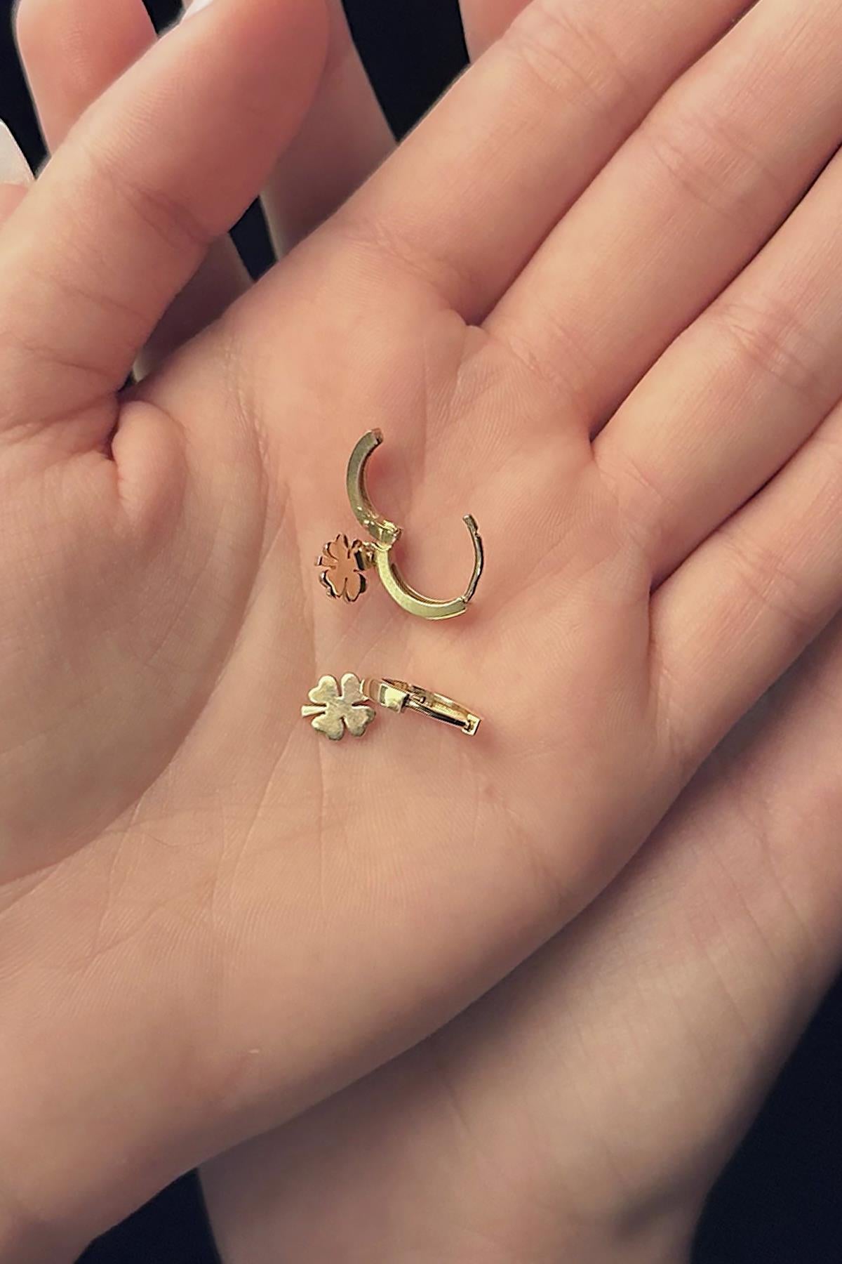 14K Gold Four Leaf Clover Huggie Hoop Earrings