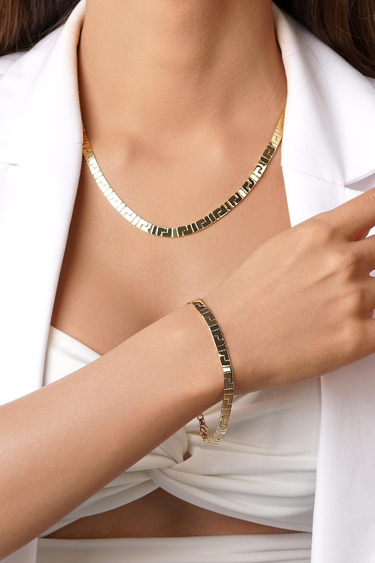 14K Gold Greek Pattern Necklace & Bracelet Set