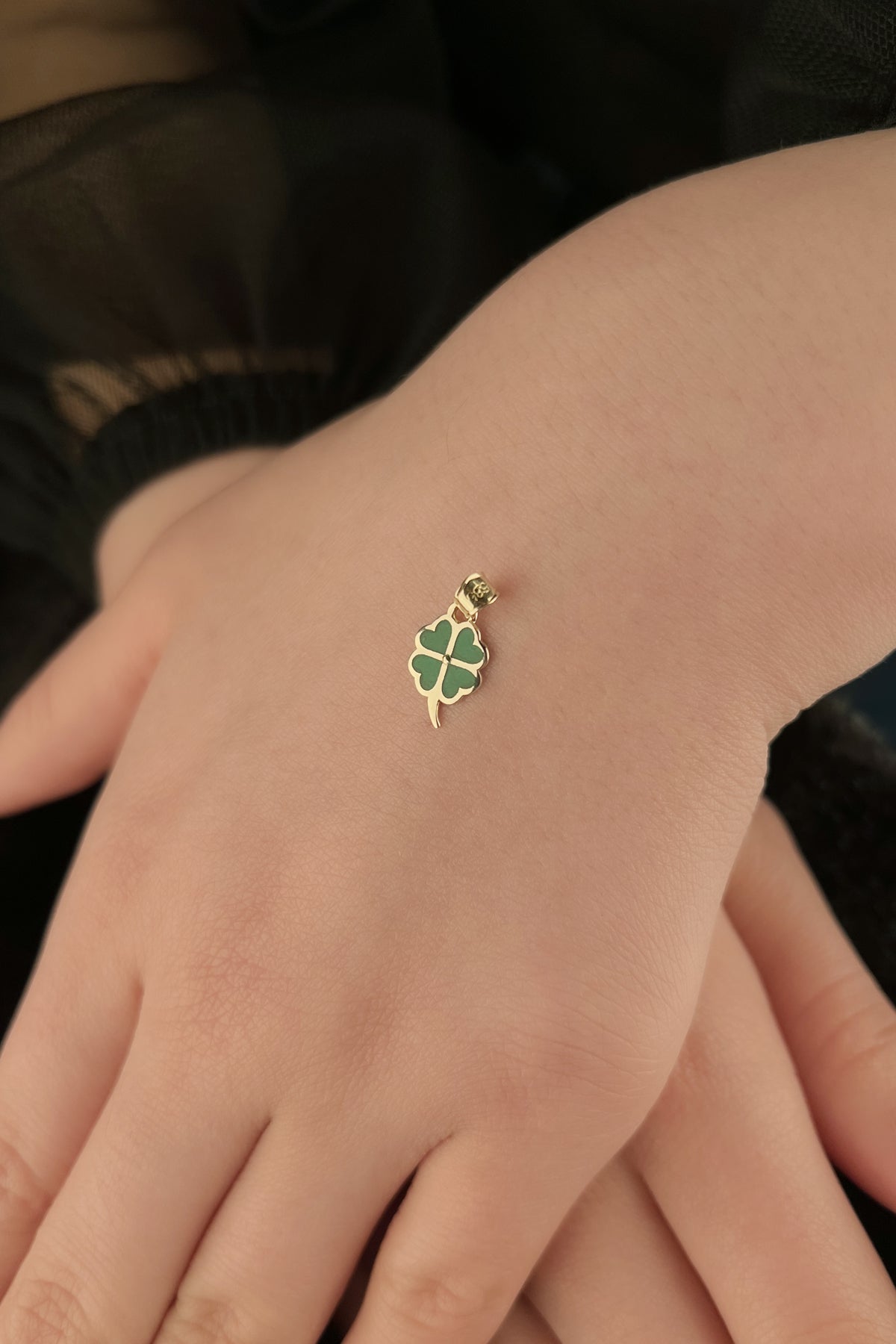 14K Gold Green Enamel Clover Charm