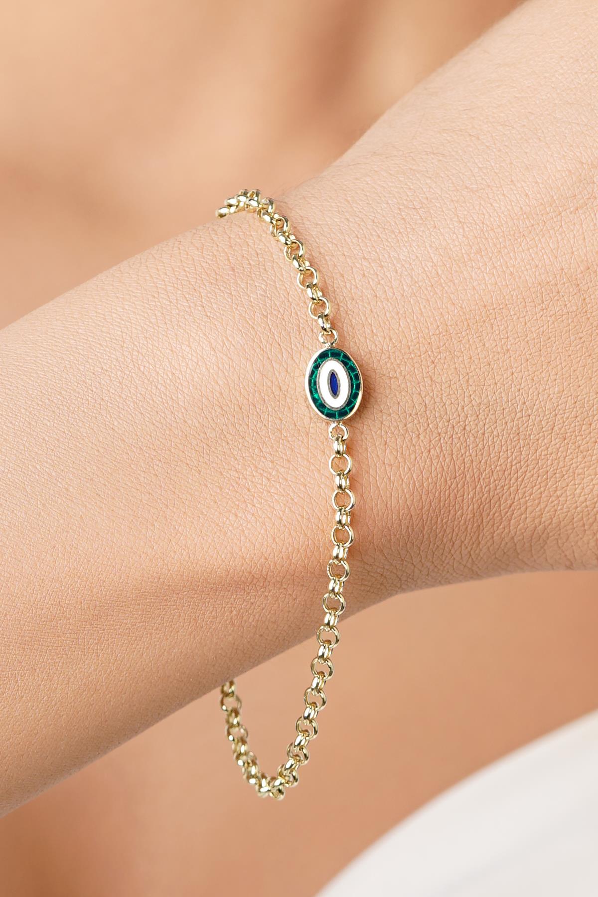 14K Gold Green Enamel Evil Eye D-Link Bracelet