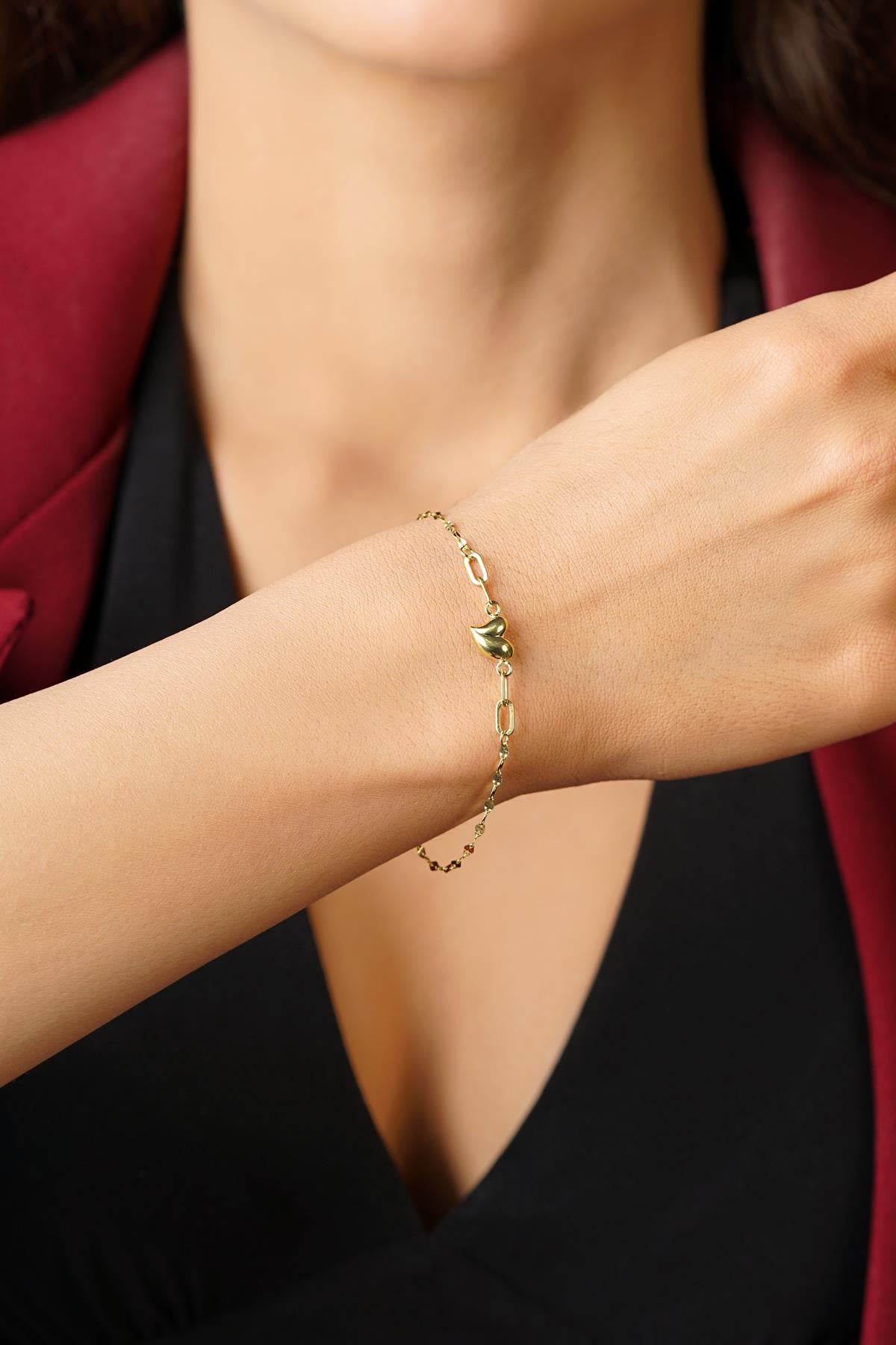 14K Gold Heart Charm Mirror Bracelet