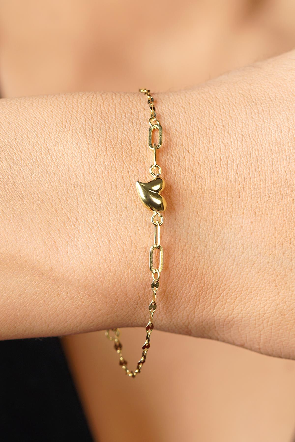 14K Gold Heart Charm Mirror Bracelet
